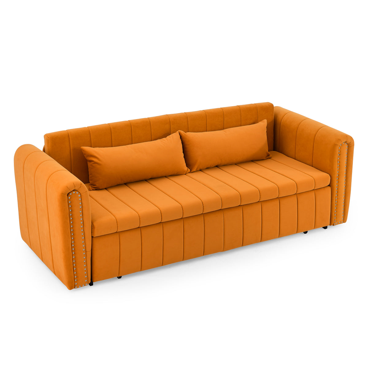 3 in 1 Pull-Out Bed Sleeper, Modern Upholstered 3 Seats Lounge Sofa & Couches with Rolled Arms Decorated with Copper Nails , Convertible Futon 3 Seats Sofabed with Two Drawers and Two Pillows W487S00214-djyc