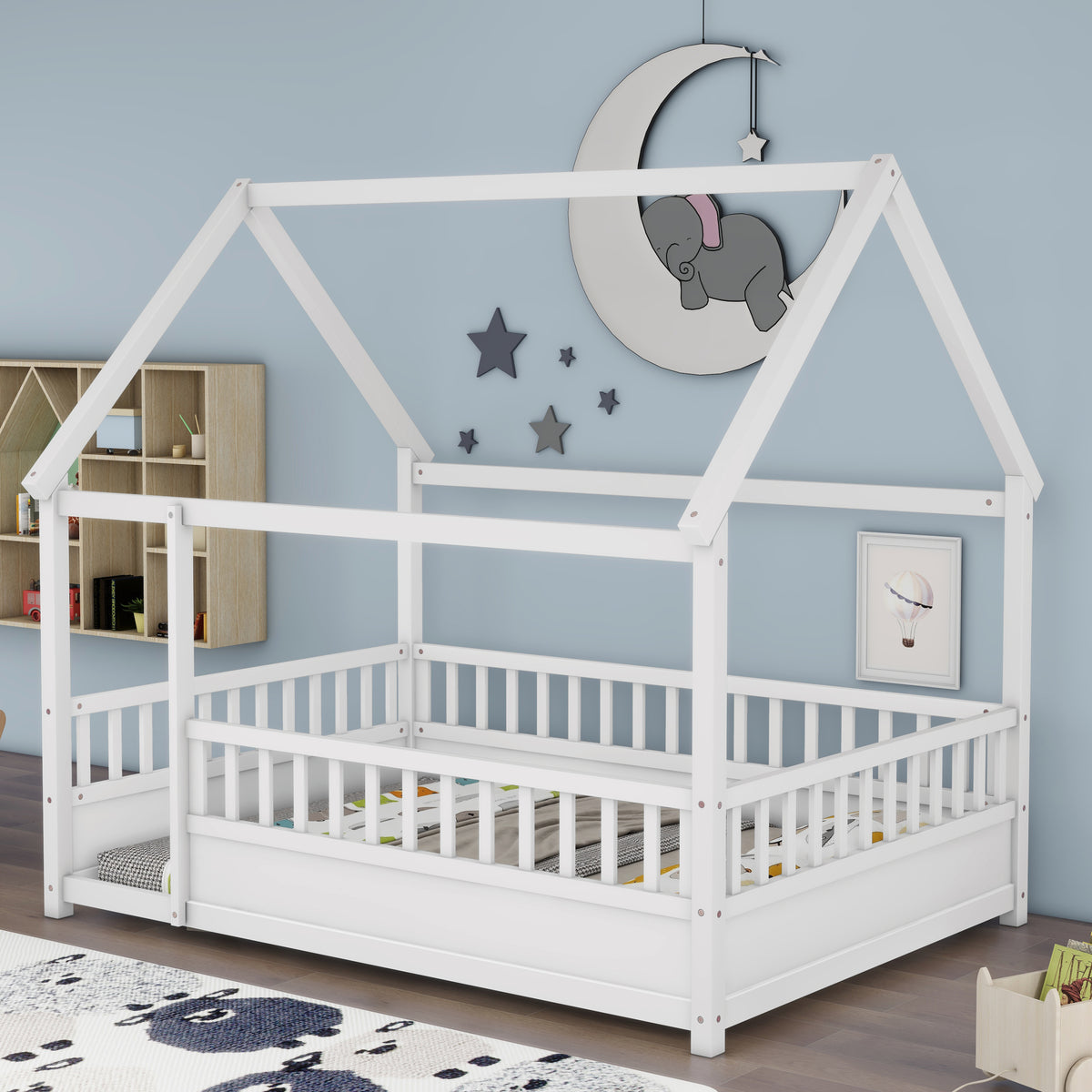 Full Size Floor Wooden Bed with House Roof Frame, Fence Guardrails,White W1858123986-djyc