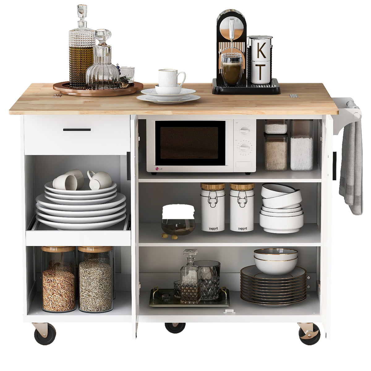 K&K Kitchen Island with Foldable Counter Top, Kitchen Storage Cart with Slide-Out Shelf, Towel Rack and Drawer, Rolling Kitchen Cart on Wheels, for Kitchen, Living Room, Dining Room, White N707P173036W-djyc