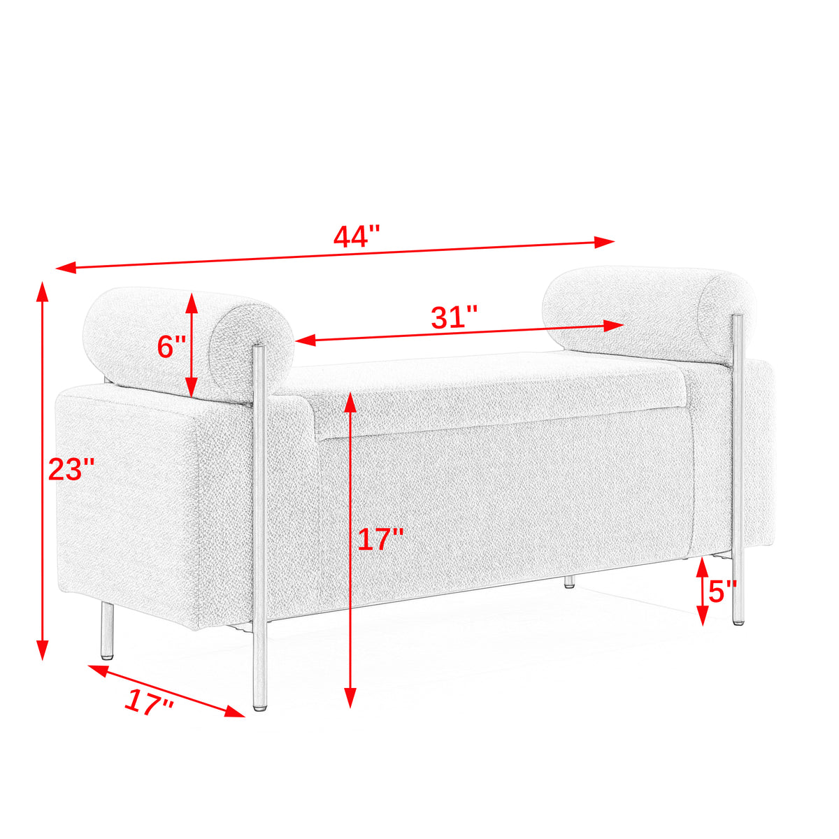 Elegant Upholstered Linen Storage Bench with Cylindrical Arms and Iron Legs for Hallway Living Room Bedroom, White W487128010-djyc