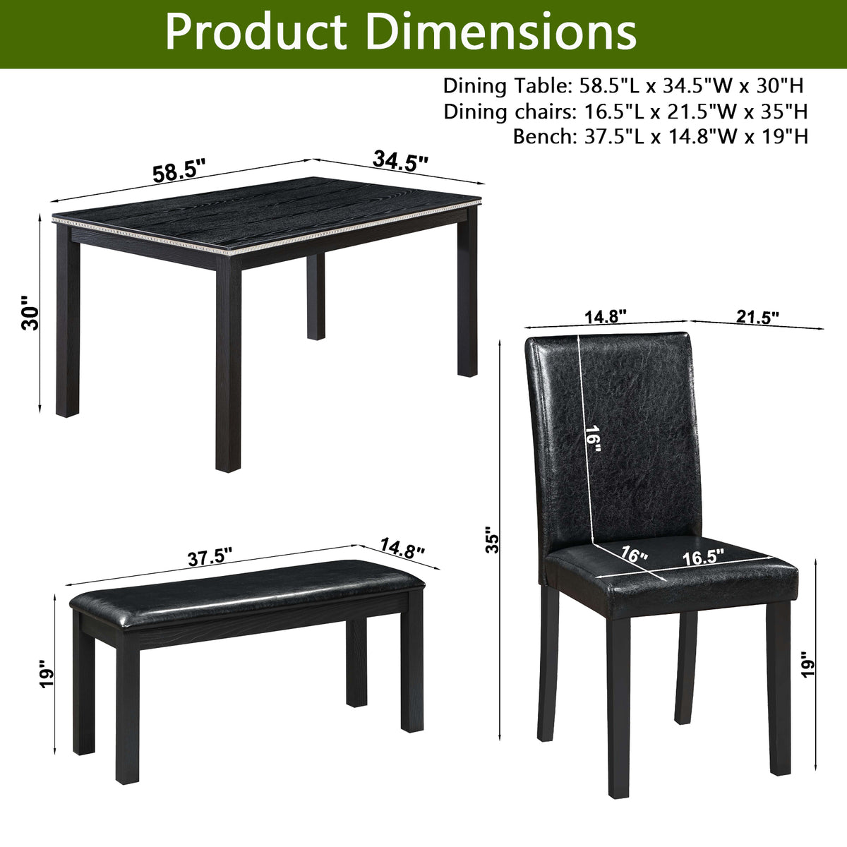 Wooden Dining Rectangular Table with Bench, Kitchen Table with Bench for Small Space, 6 Person Dining Table, Black W1998S00044-djyc