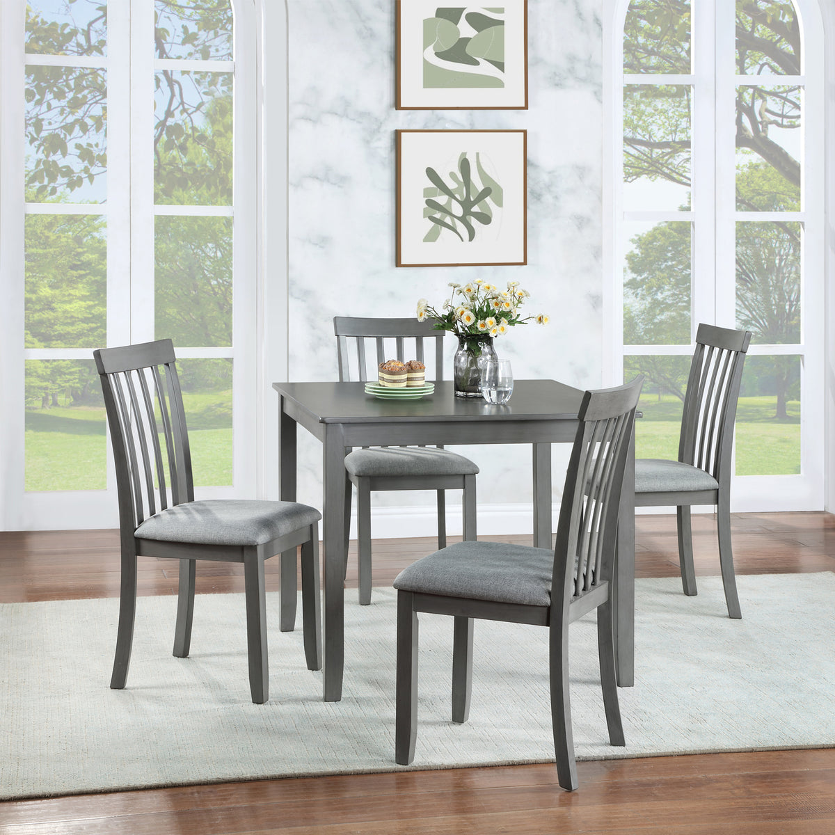 5 Piece Modern Dining Set, Square Wooden Dining Table with 4 Upholstered Chairs for Kitchen, Dining Room, Gray W1998S00022-djyc