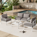 5 Piece Patio Conversation Sets, Modern Outdoor Patio Sectional Furniture Set with Square Coffee Table, Waterproof Thick Cushion Deep Seating for Porch, Balcony, White & Light Gray-djyc N780P19945449W