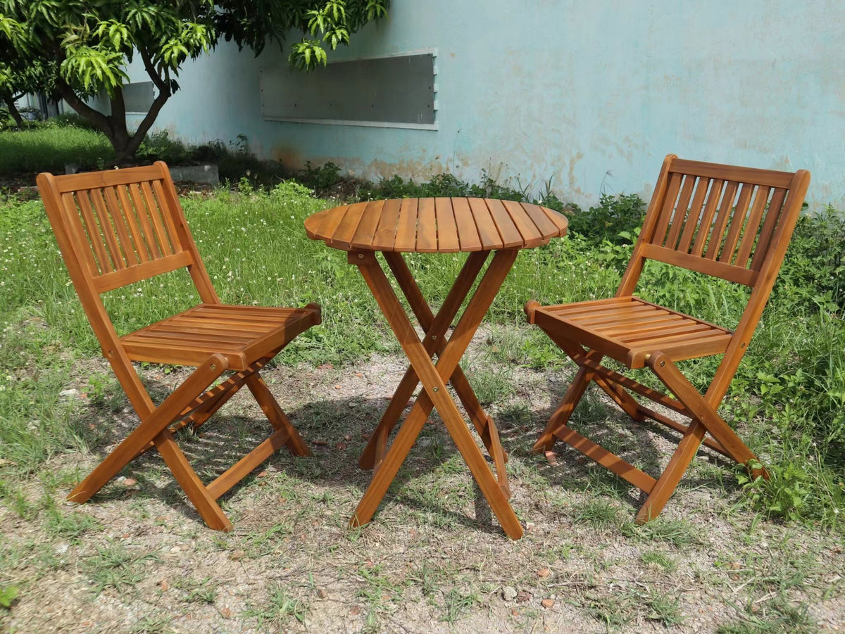 3-Piece Acacia Wood Bistro Set, Wooden Folding Patio Furniture for Garden Backyard Balcony Porch w/ 1 Coffee Table and 2 Foldable Chairs, Light Brown W2640P199982-djyc