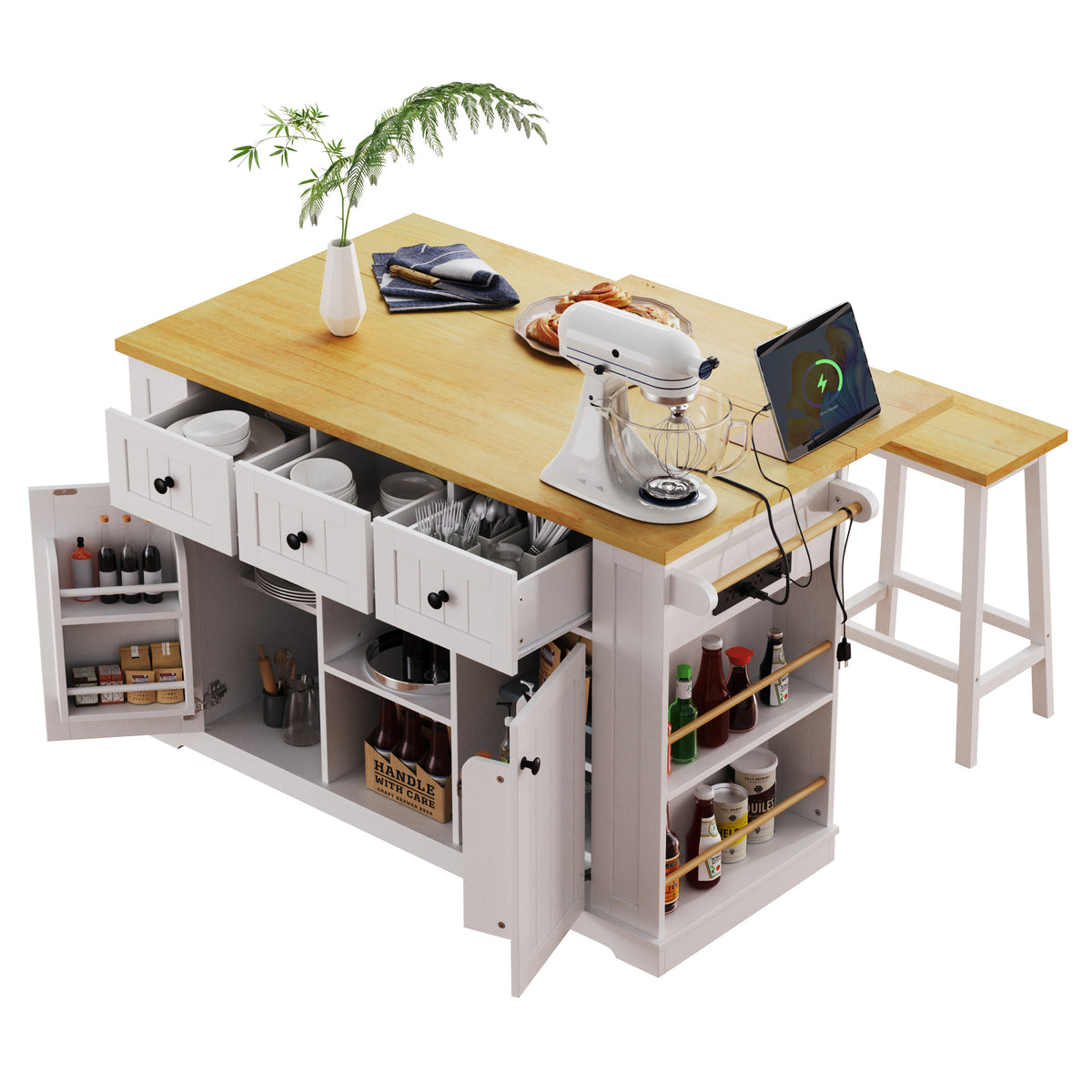 K&K 53inch Large Kitchen Island with Drop Leaf, Power Outlet, Door Internal Storage Rack, Rolling Kitchen Cart on 5 Wheels with 5 Open Side Racks for Kitchen, Dining Room,White(Not include bar stools) N707P185531W-djyc