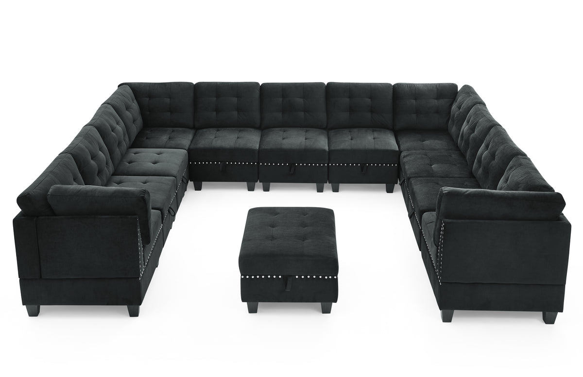 U shape Modular Sectional Sofa,DIY Combination,includes Seven Single Chair,Four Corner and One Ottoman,Black Velvet. W487S00075-djyc