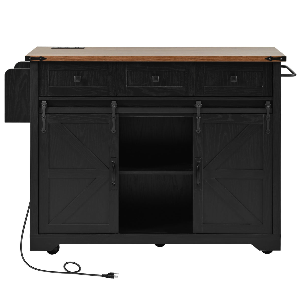 K&K 53.7" Farmhouse Kitchen Island with Power Outlet, 2 Sliding Barn Door Kitchen Storage Island with Drop Leaf, Spice Rack Rolling Kitchen Cart on Wheels, for Home, Kitchen and Dining Room, Black N707P170347B-djyc