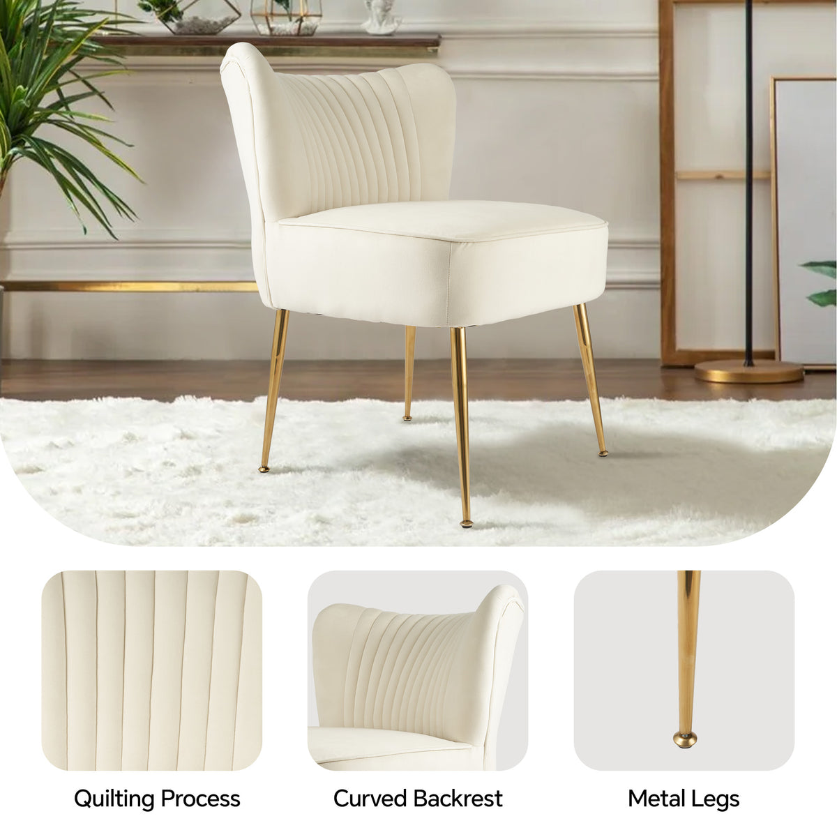 Elegant Modern Curved Backrest Chair ： Quilted Texture & Golden Metal LegsFU01033-wz