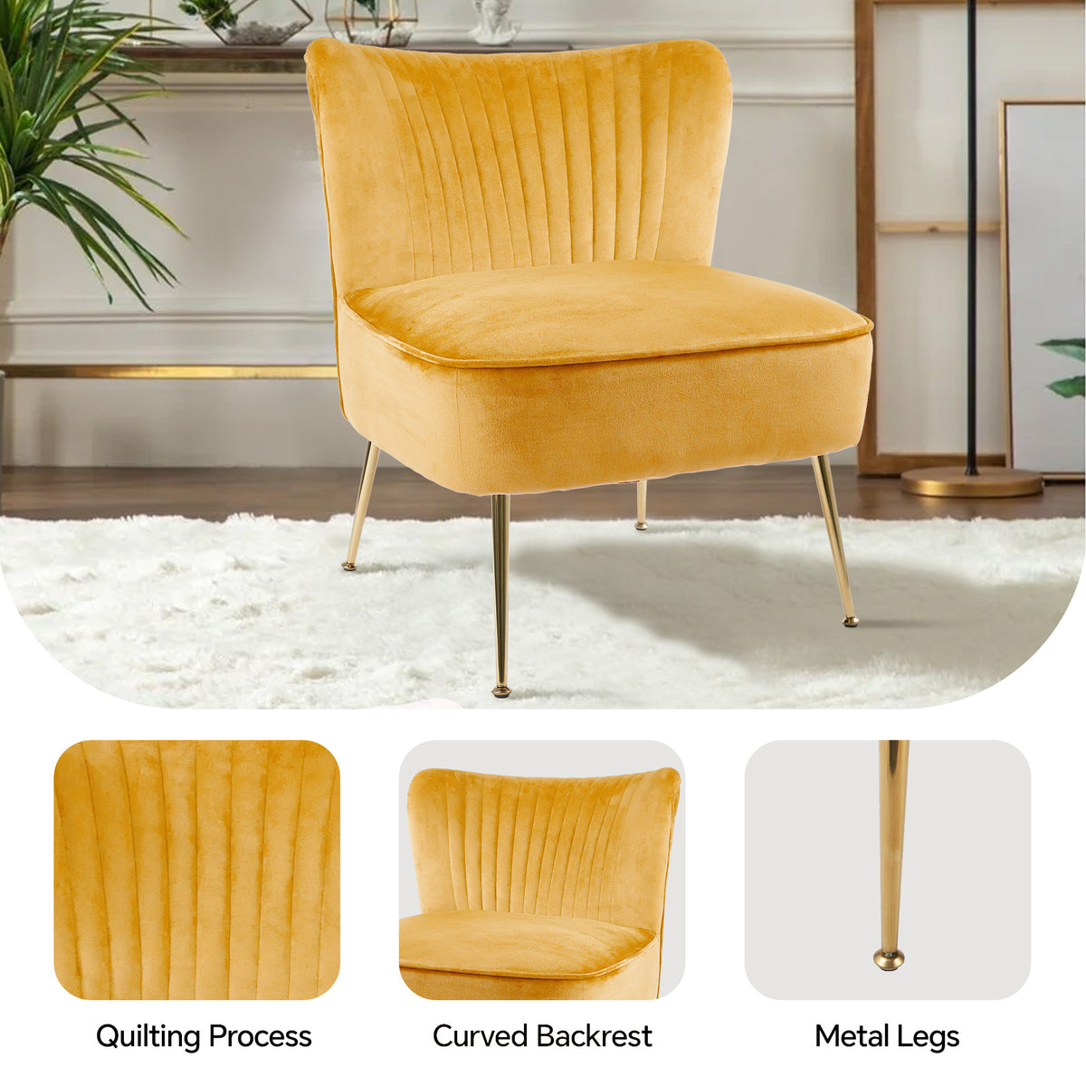 Elegant Modern Curved Backrest Chair ： Quilted Texture & Golden Metal LegsFU01033-wz