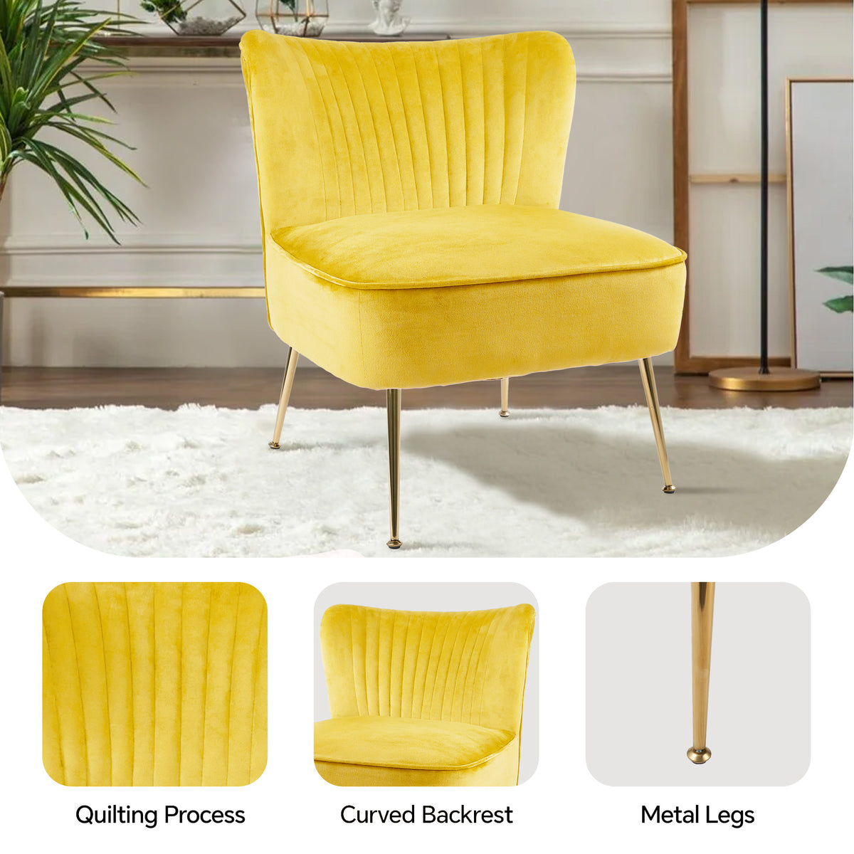 Elegant Modern Curved Backrest Chair ： Quilted Texture & Golden Metal LegsFU01033-wz