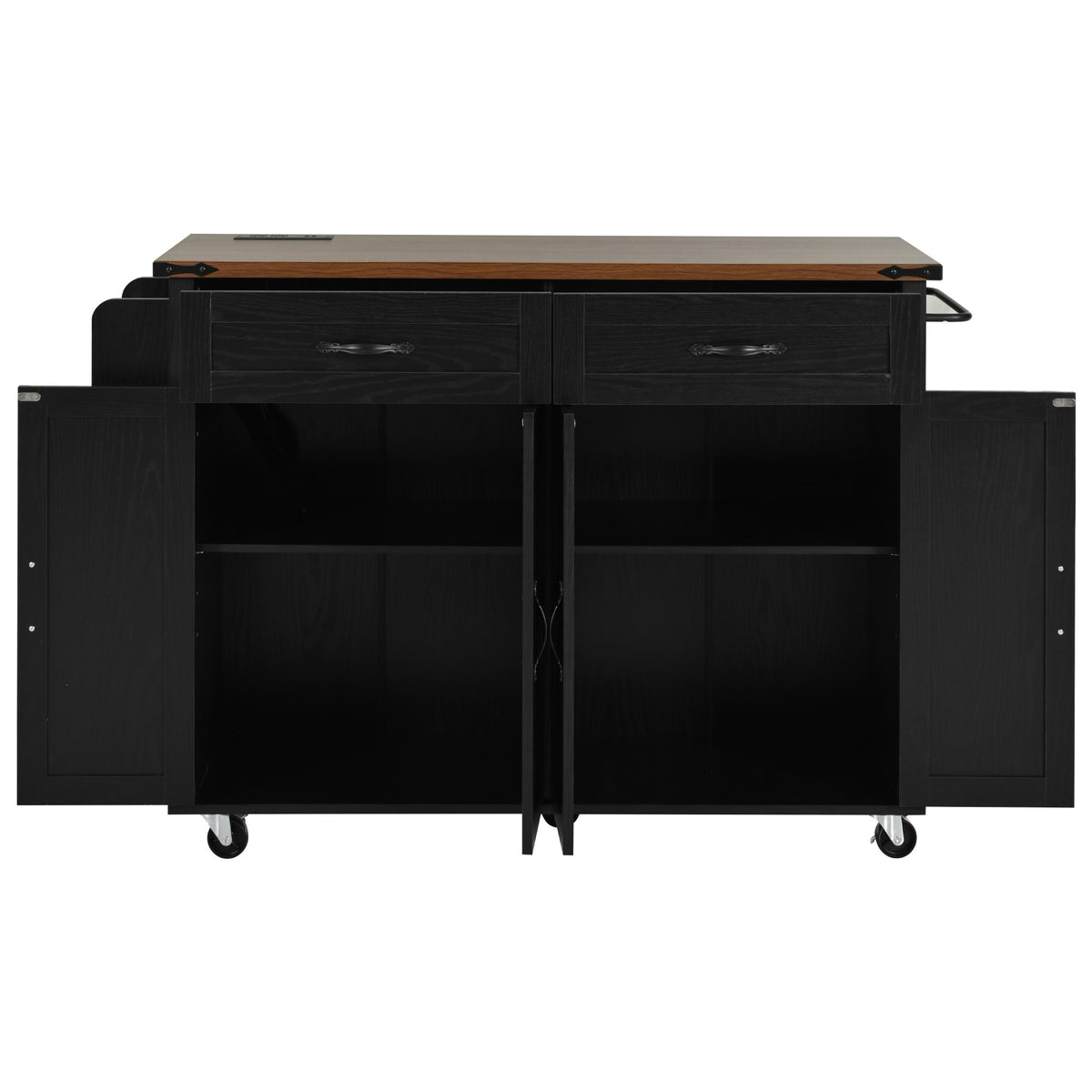 K&K 53.5''Farmhouse Kitchen Island with Power Outlet, Kitchen Storage Island with Drop Leaf, Spice Rack and Drawer, Rolling Kitchen Cart on Wheels, for Home, Kitchen and Dining Room, Black N707P170348B-djyc