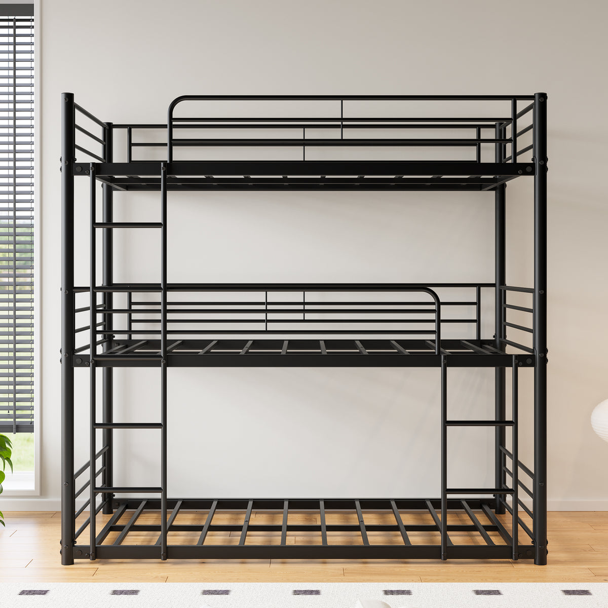 Triple Twin Bunk Beds, Twin Over Twin Over Twin Metal Bunk Bed Platform Frame, Two Attached Ladders, Easy Access Guard-Rail, No Box Spring Need (Black) W840P209935-djyc