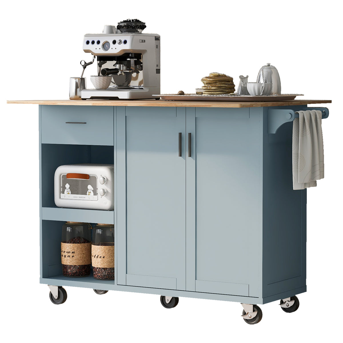 K&K Kitchen Island with Foldable Counter Top, Kitchen Storage Cart with Slide-Out Shelf, Towel Rack and Drawer, Rolling Kitchen Cart on Wheels, for Kitchen, Living Room, Dining Room, Grey Blue N707P173036G-djyc