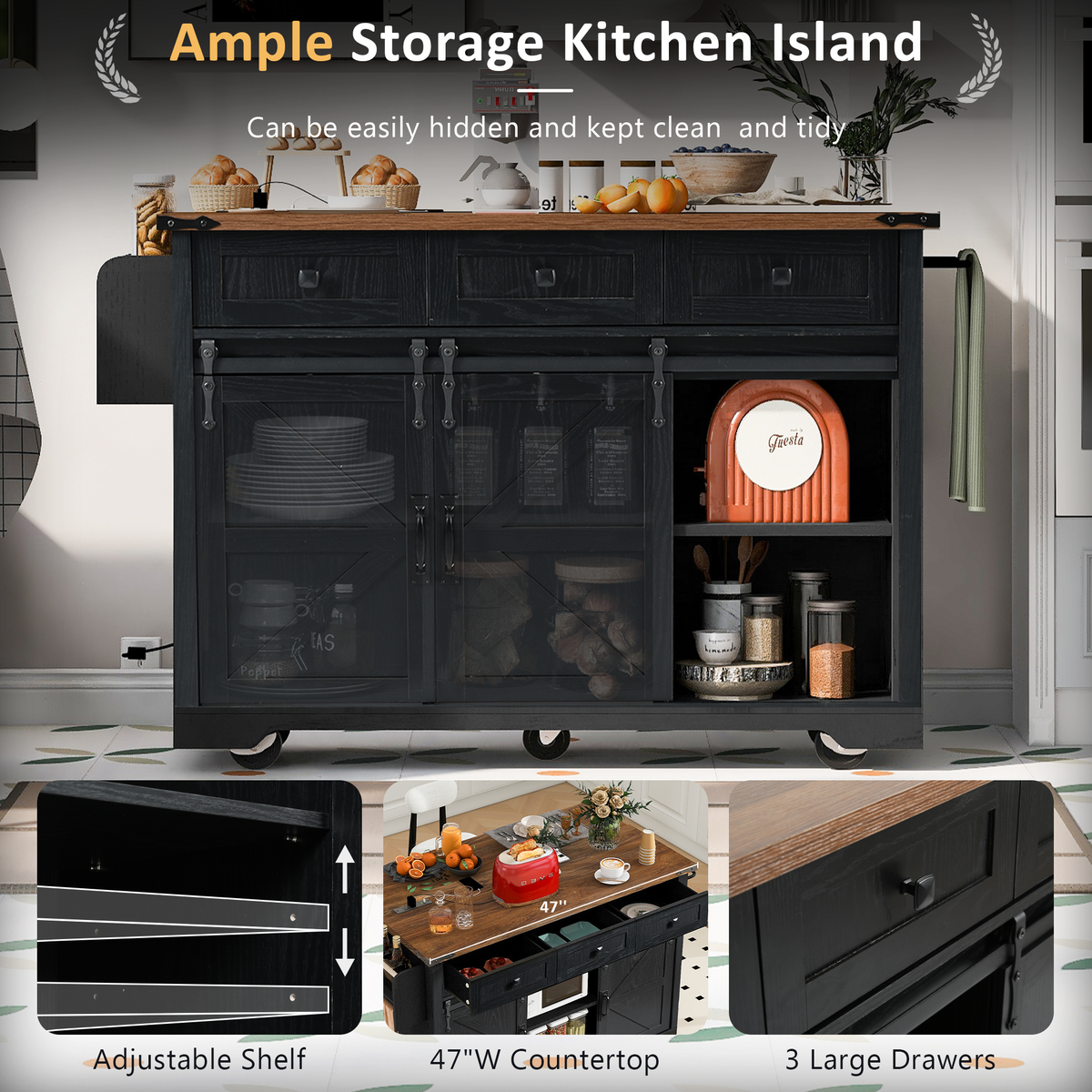 K&K 53.7" Farmhouse Kitchen Island with Power Outlet, 2 Sliding Barn Door Kitchen Storage Island with Drop Leaf, Spice Rack Rolling Kitchen Cart on Wheels, for Home, Kitchen and Dining Room, Black N707P170347B-djyc