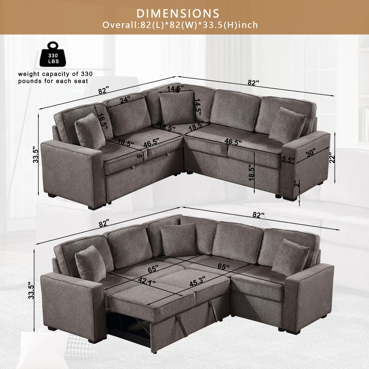 Modular Sofa, Sectional Couch L Shaped Sofa Couch with Pullout Sleeper, 5 Seat Chenille Corner Sofa for Living Room, 3 Pillows Included, Light Brown W1998S00053-djyc