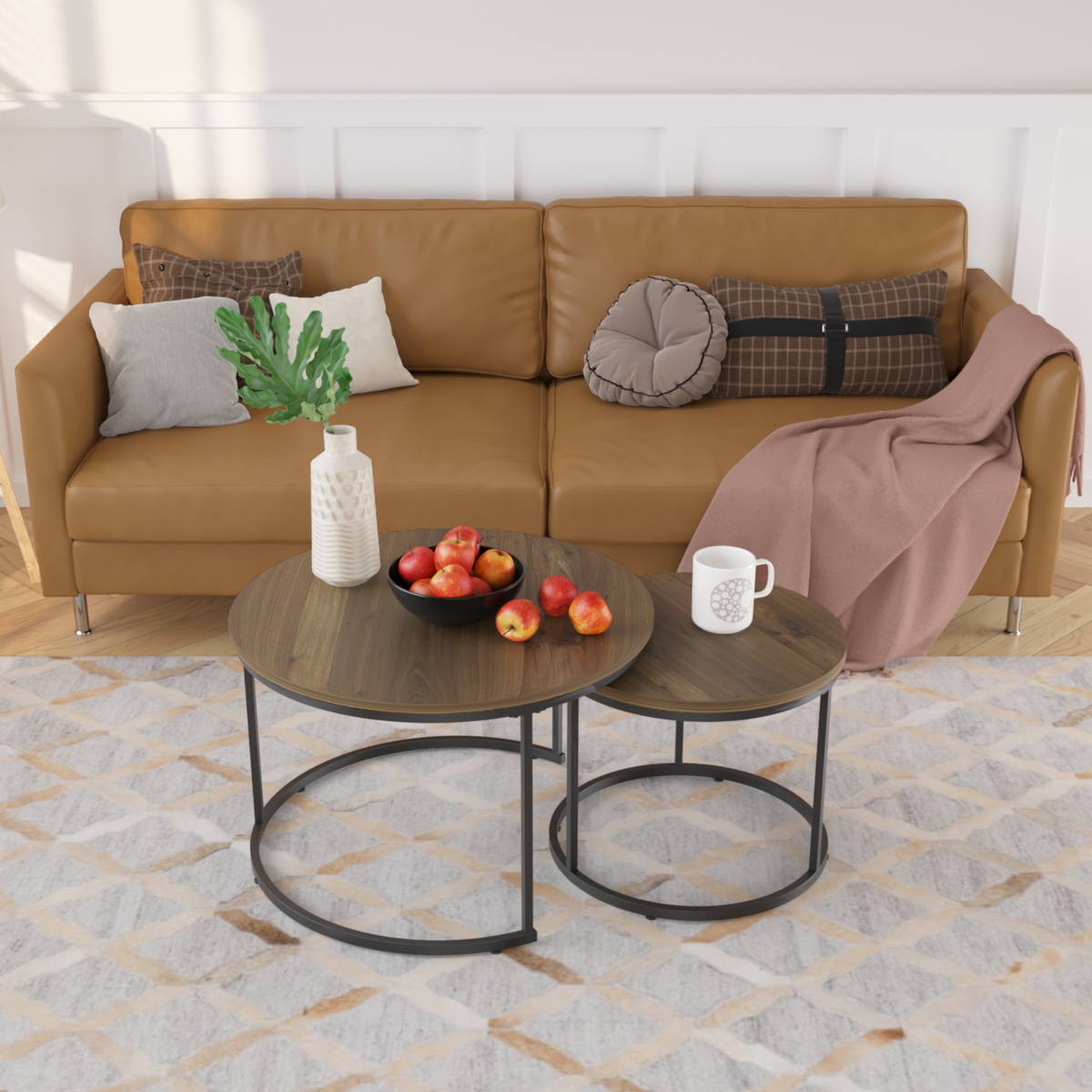 Nesting Coffee Table Set of 2, 27.6inch Round Coffee Table Industrial Wood Finish with Sturdy Metal Frame, End Table Side Tables for Living Room Bedroom Balcony Yard (Brown) W808P176726-djyc