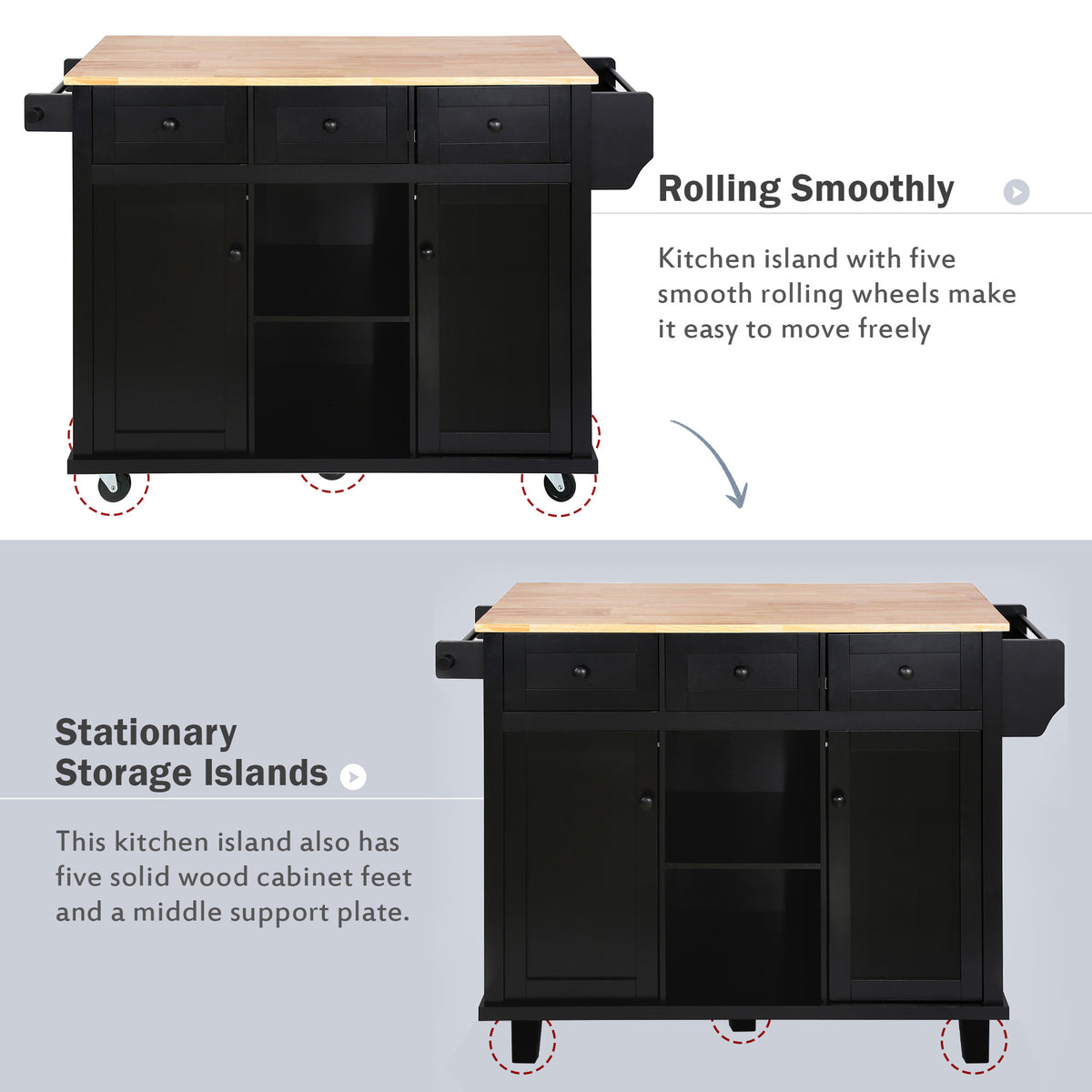 Kitchen Cart with Rubber wood Drop-Leaf Countertop ,Cabinet door internal storage racks,Kitchen Island on 5 Wheels with Storage Cabinet and 3 Drawers for Dinning Room, Black WF298028AAB-djyc