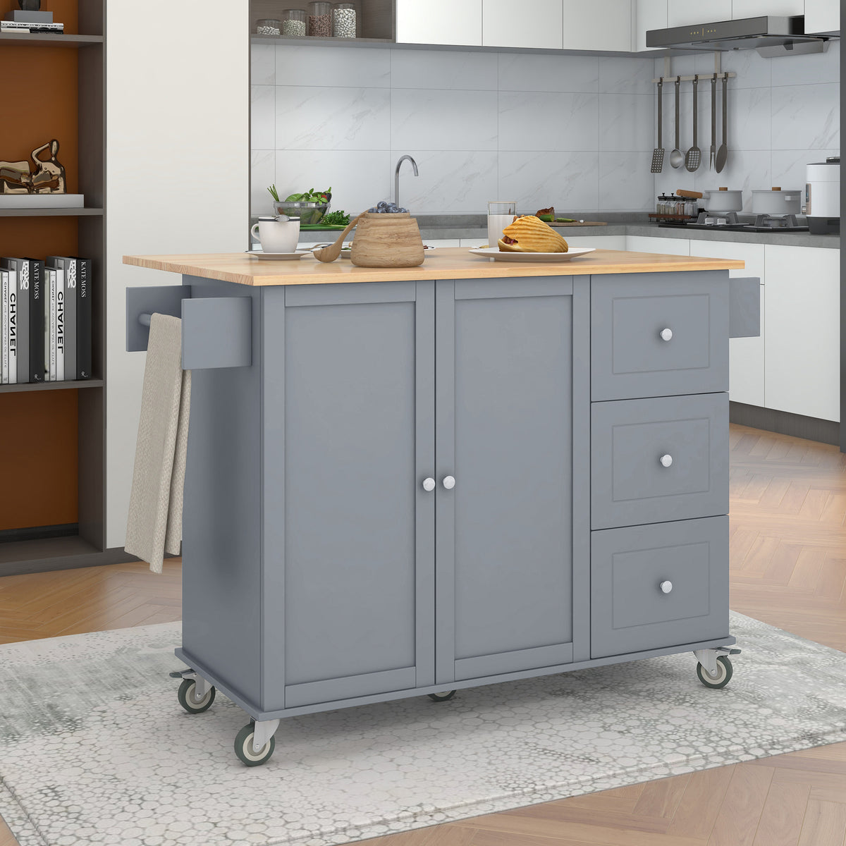 Rolling Mobile Kitchen Island with Solid Wood Top and Locking Wheels,52.7 Inch Width,Storage Cabinet and Drop Leaf Breakfast Bar,Spice Rack, Towel Rack & Drawer (Grey Blue) WF287035AAG-djyc