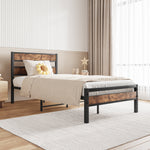 Twin Size Platform Bed Frame with Rustic Vintage Wood Headboard, Strong Metal Slats Support, No Box Spring Needed W840P144081-djyc