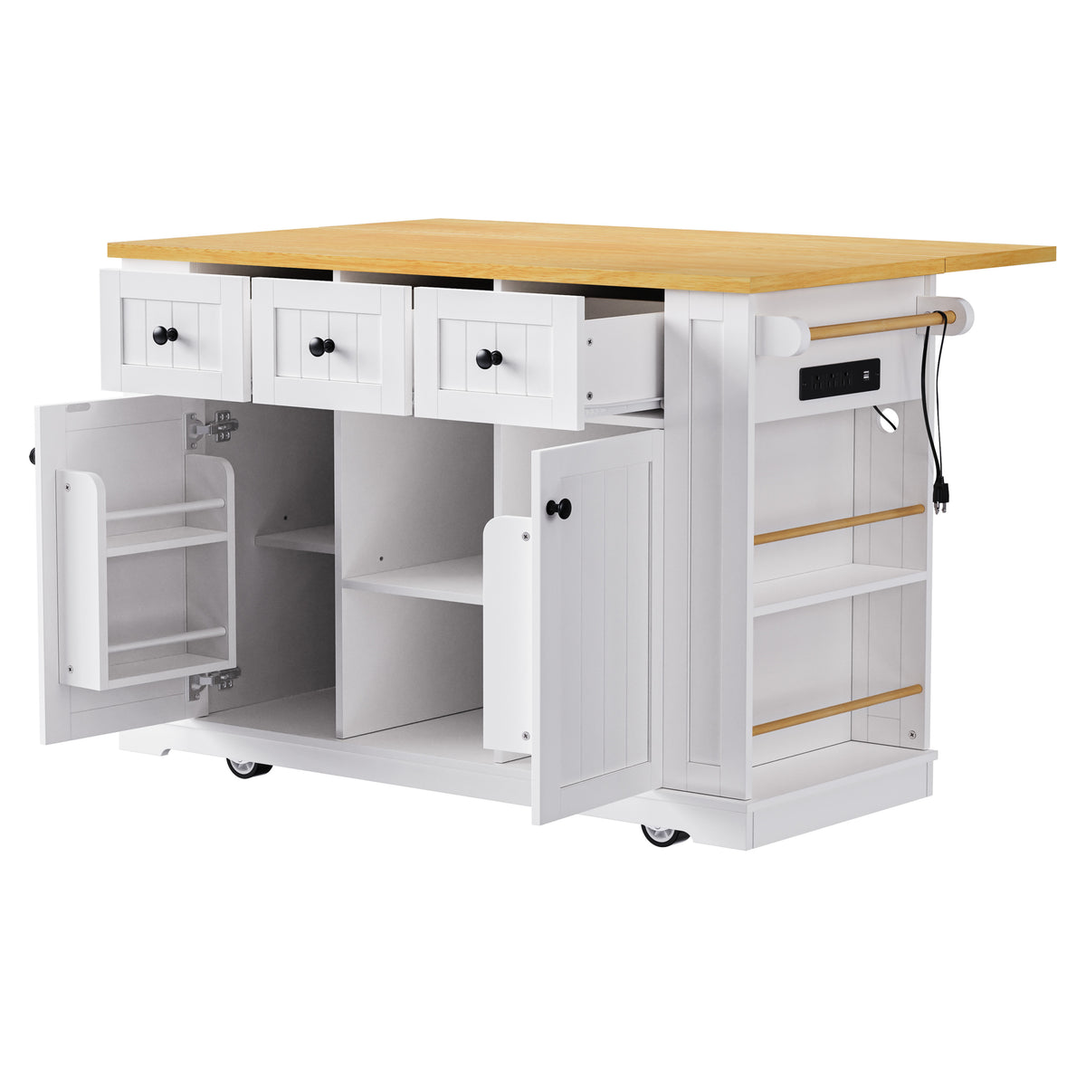 K&K 53inch Large Kitchen Island with 2 Bar Stools, Power Outlet,Door Internal Storage Rack, Kitchen Storage Cart on 5 Wheels with Drop Leaf, 5 Open Side Racks, 3 Drawers, for Kitchen,Dining Room,White N707S000007W-djyc