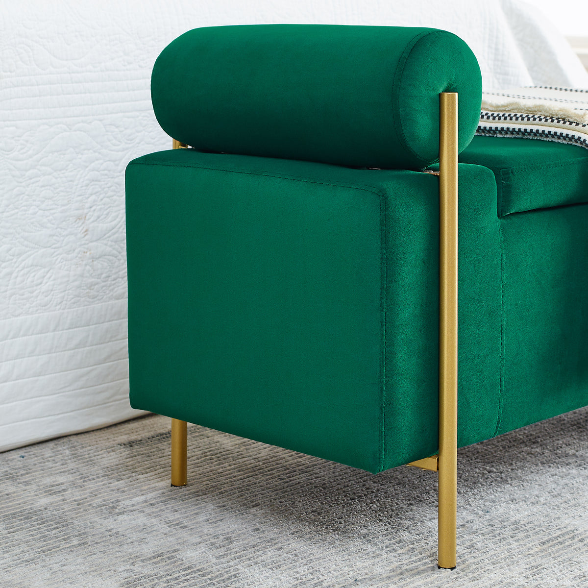 Elegant Upholstered Velvet Storage Bench with Cylindrical Arms and Iron Legs for Hallway Living Room Bedroom, Green W487128012-djyc