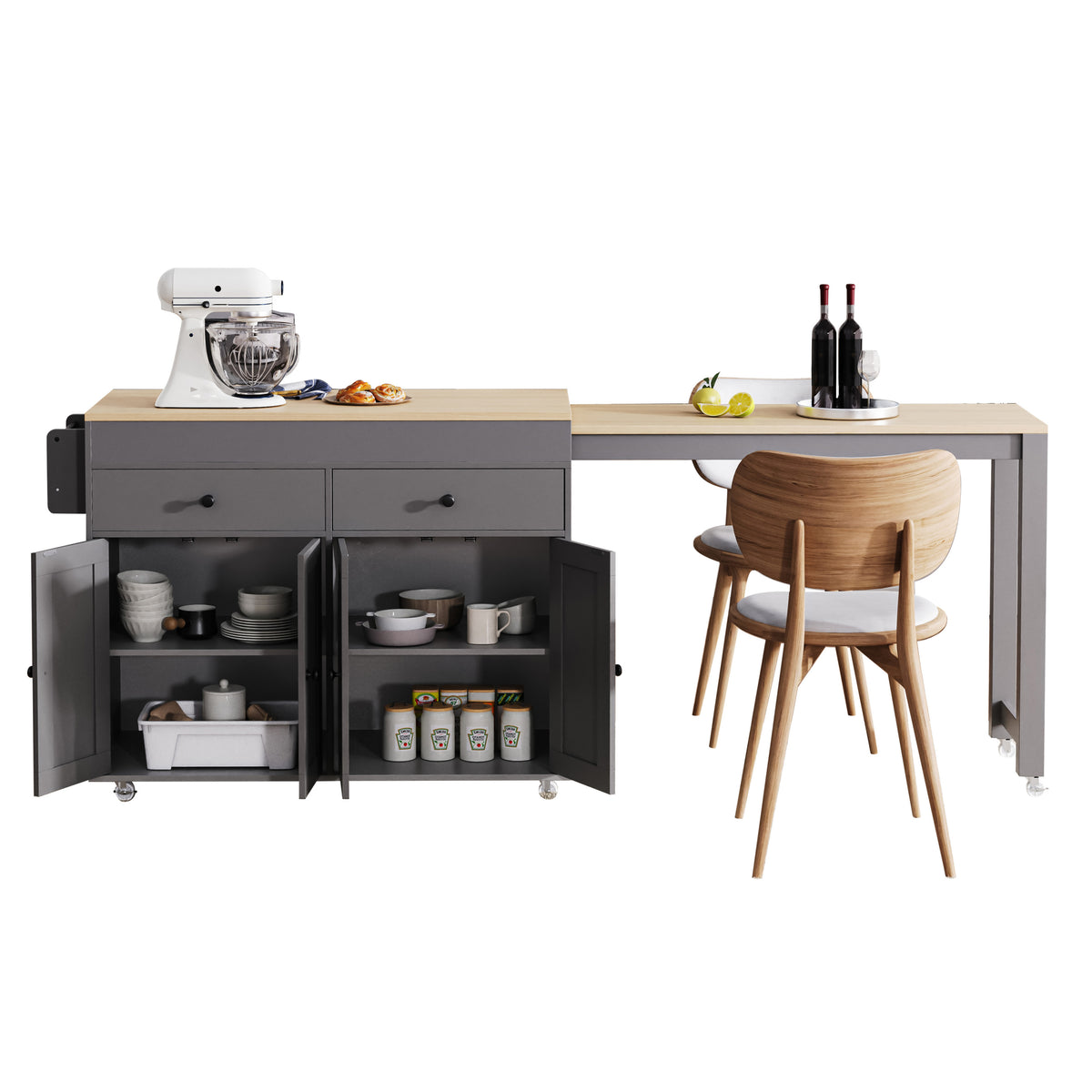 K&K 74.5 inch Kitchen Island with Extendable Dining Table , Rolling Kitchen Island on Wheels with Spice Rack and 2 Drawers,Kitchen Storage Cart with 4 Door Cabinet, for Kitchen, Dining Room, Grey N707S000009G-djyc