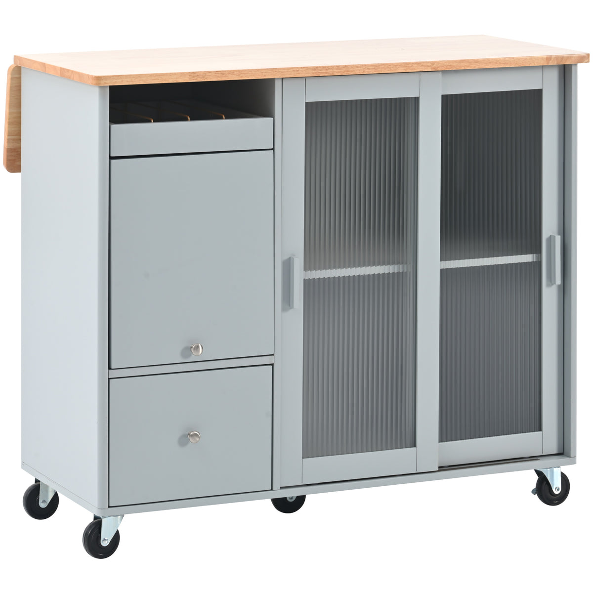 Kitchen Island with Drop Leaf, LED Light Kitchen Cart on Wheels with 2 Fluted Glass Doors and 1 Flip Cabinet Door, Large Kitchen Island Cart with an Adjustable Shelf and 2 Drawers (Grey Blue) WF311171AAG-djyc