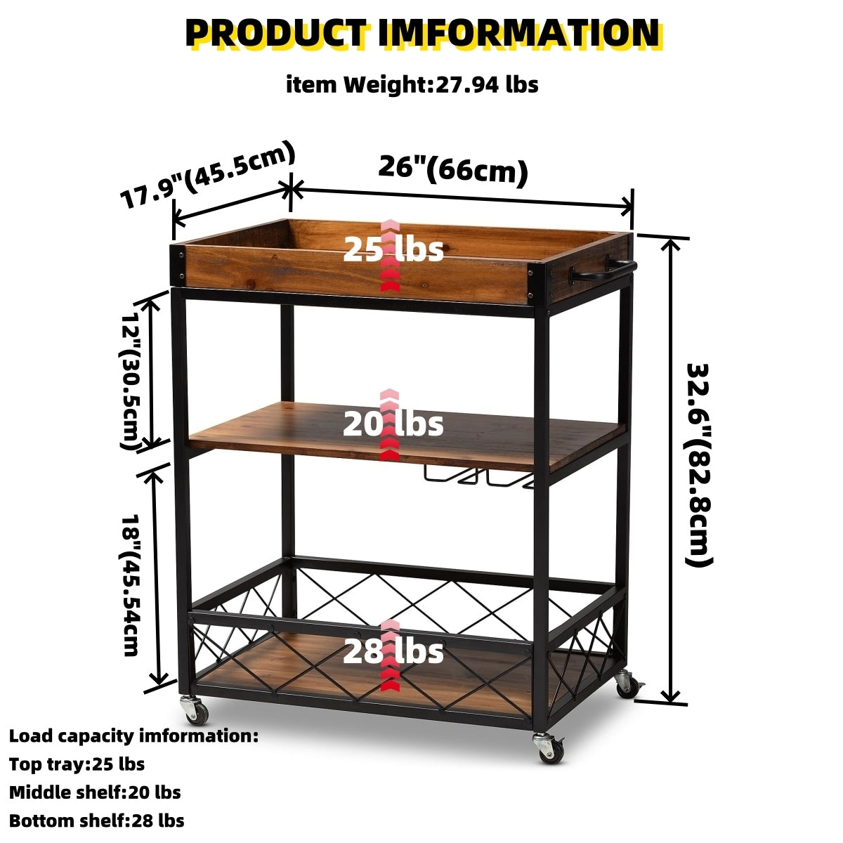 32.6'' Tall Industrial Style Rolling Kitchen Island Wine Cart with Black Finished, Fir Wood Mobile Metal Wine Bar Cart with Glass Rack, Oak Brown W2557P180163-djyc