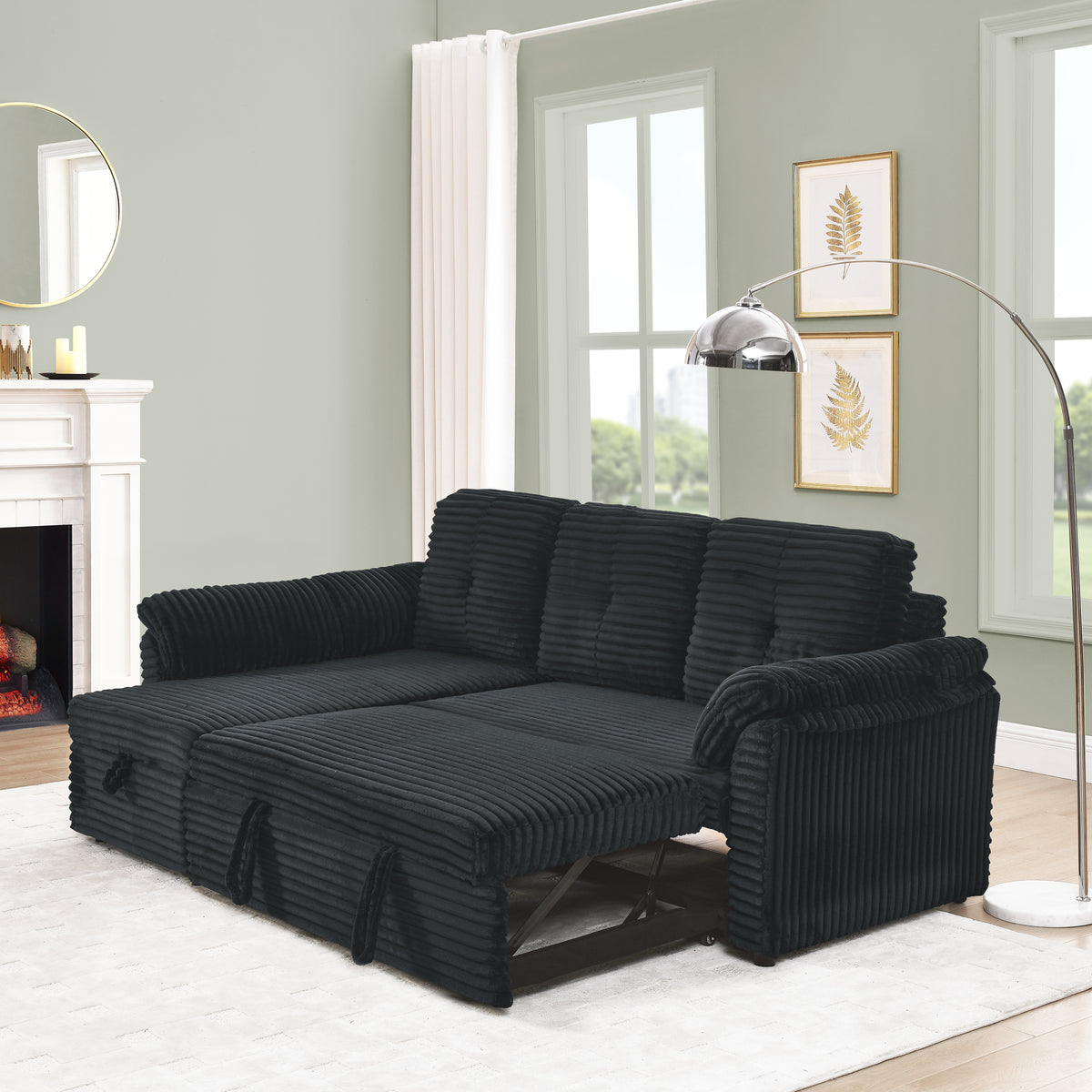 Corduroy Tufted Upholstered Sleeper Sectional Sofa, L-Shaped Modular Convertible Sofa with Reversible Storage Chaise, Pull Out Sleep Couch Bed and Reclining Backrest Perfect for Living Space, Black W487S00227-djyc