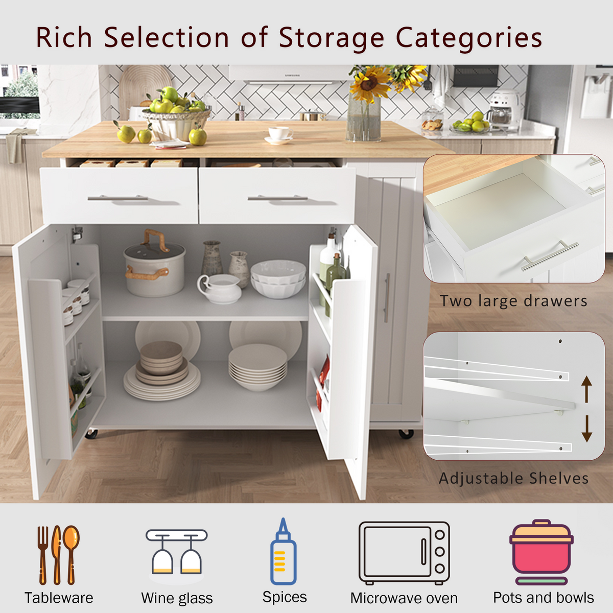 K&K Kitchen Island with Drop Leaf, Kitchen Storage Cart with 3 Tier Pull Out Cabinet Organizer, Internal Storage Rack, Rolling Kitchen Cart on Wheels with Towel Rack, 2 Drawers, for Kitchen, White WF531421AAW-djyc