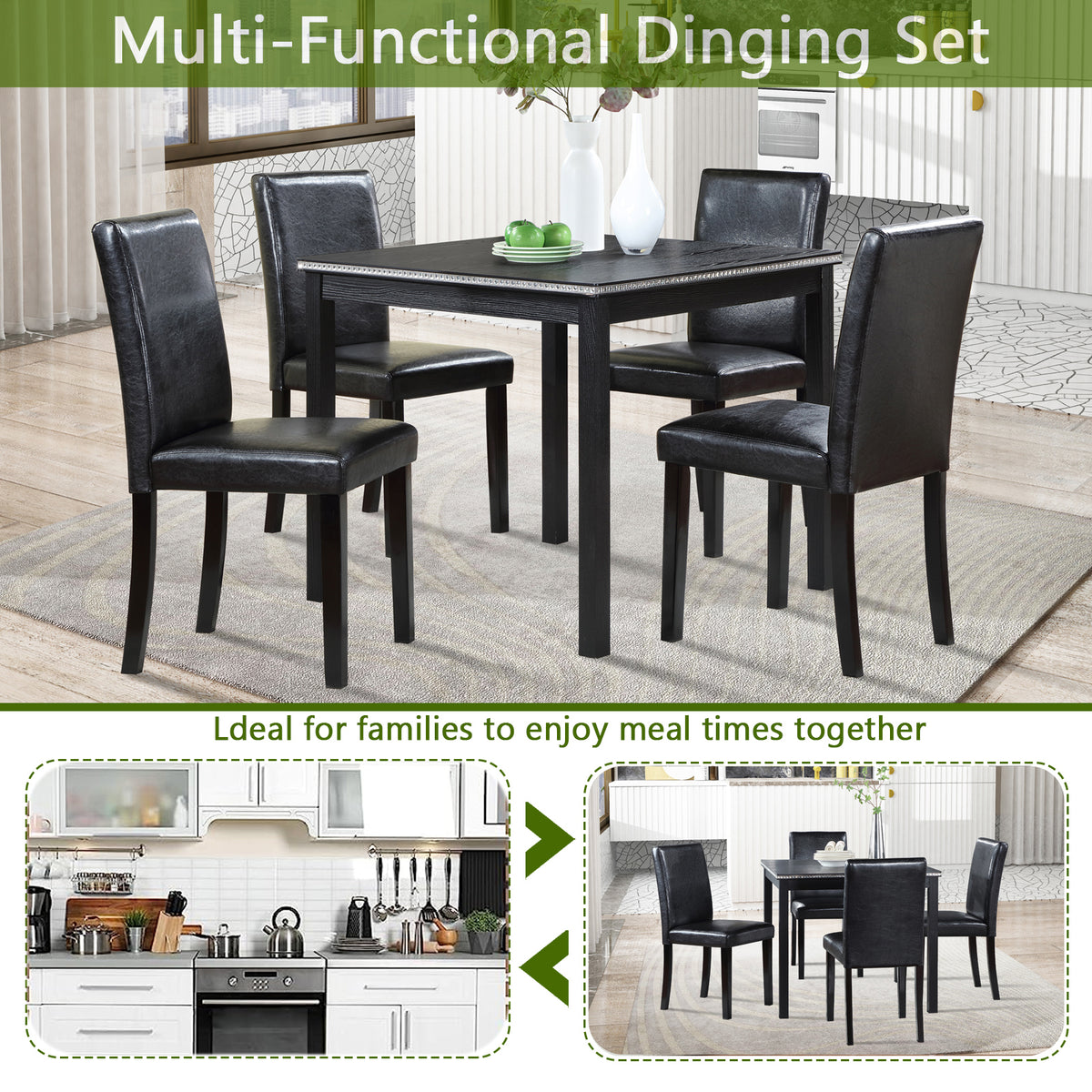 5 Piece Wooden Dining Table Set, Kitchen Table Set with a Square Table and 4 Upholstered Chairs, Wooden Dining Room Table with Crystal Decoration and Chairs Set for Kitchen, Dining Room, Black W1998S00041-djyc