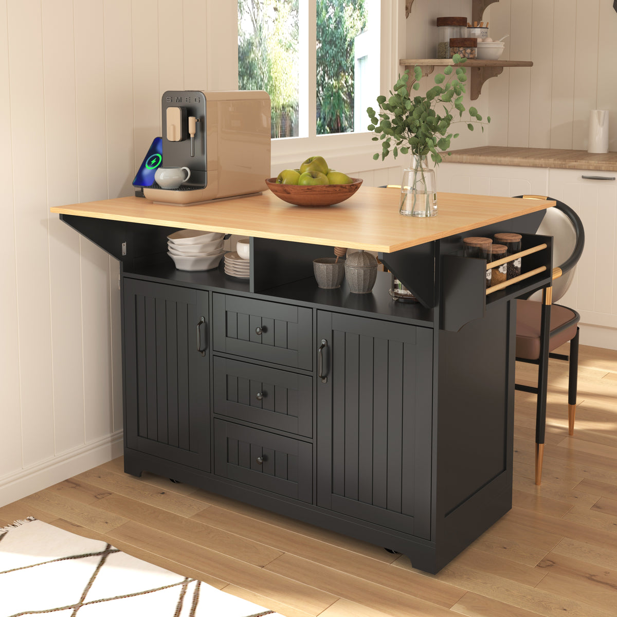 K&K 55.7'' Large Kitchen Island with 2 Drop Leaf,, Rolling Kitchen Cart on 5 Wheels with Power Outlet, Folding Storage Dining Table with Spice & Towel Rack , 3 Drawers, for Kitchen, Dining Room,Black N707P186617B-djyc