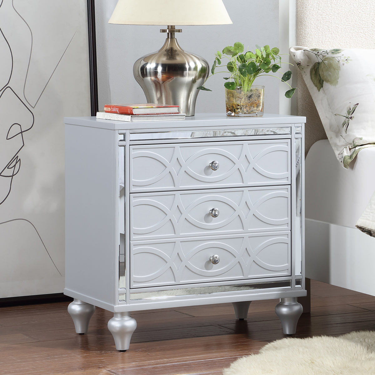 Contemporary Nightstands with mirror frame accents, Bedside Table with two drawers and one hidden drawer, End Table with Crystal Pull for Living Room,Bedroom, Silver W1998131734-djyc