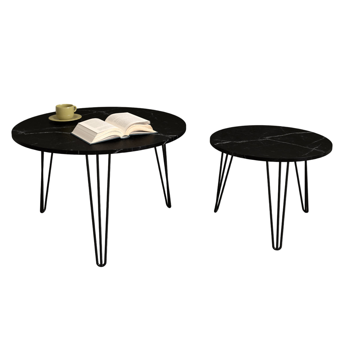 27.56'' Round Nesting Coffee Table Set of 2, Circular Nesting End Table Set, Round Marble Tabletop, and Sturdy Metal Base for Living Room, bedroom, Black W808P176733-djyc