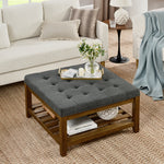 Upholstered Coffee Table Tufted Linen Large Square Ottoman with Beech Wood Shelf and Frame, Oversized Footrest Ottoman for Living Room, Dark Gray W2353P183798-djyc
