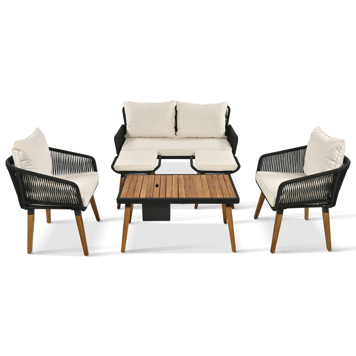 K&K 6-Piece Rope Patio Furniture Set, Outdoor Furniture with Acacia Wood Cool Bar Table with Ice Bucket , Deep Seat Patio Conversation Set with Two Stools for Backyard Porch Balcony (Black & Beige) SK000005AAA-djyc