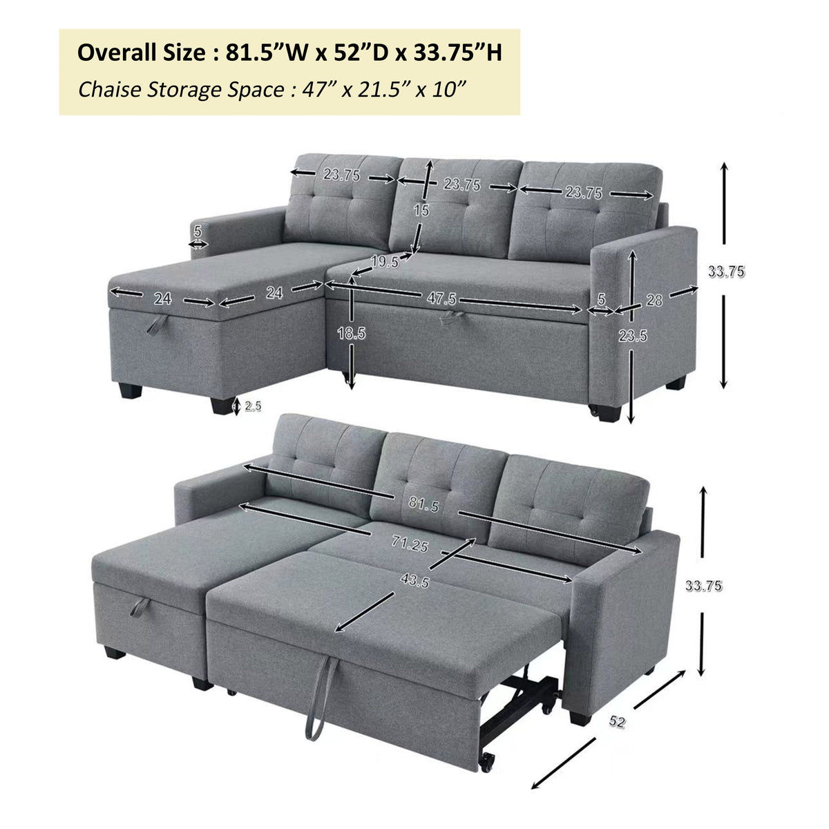 Upholstered Pull Out Sectional Sofa with Storage Chaise, Convertible Corner Couch, Light Grey W2336S00013-djyc