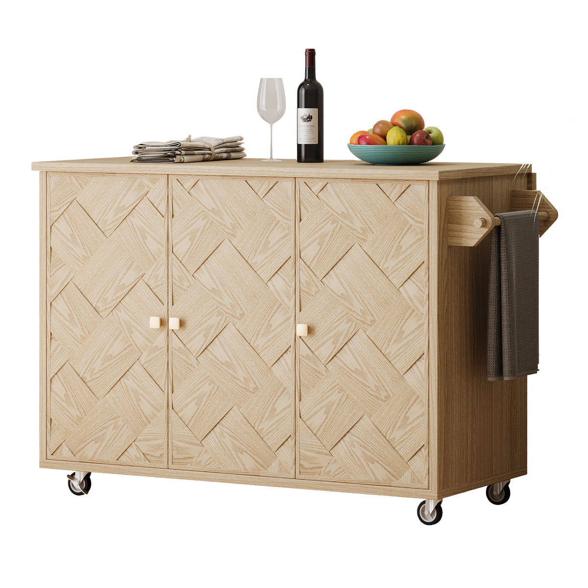 K&K 51.2"W Ash Veneer (Not Cheap Paper) Solid Wood Handwoven Kitchen Island with Drop Leaf, Coastal Kitchen Island on Wheels with Internal Storage Rack, Rolling Kitchen Cart, Nature Wood N707P207916Y-djyc