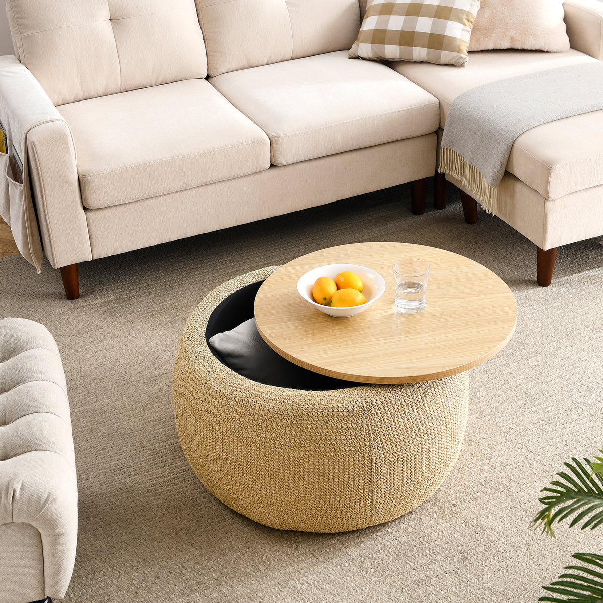 Round Storage Ottoman, 2 in 1 Function, Work as End table and Ottoman, Natural (25.5"x25.5"x14.5") W48762888-djyc