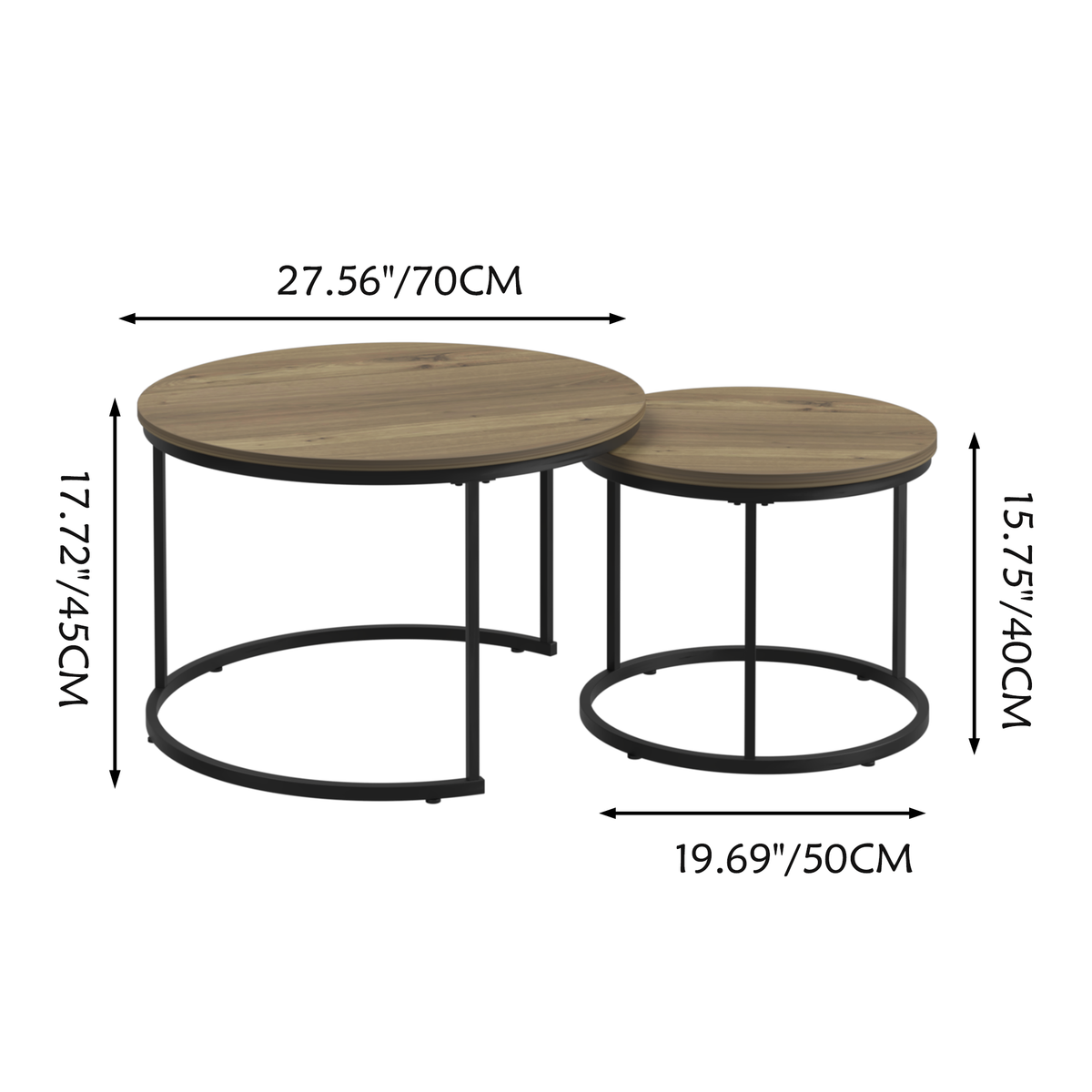 Nesting Coffee Table Set of 2, 27.6inch Round Coffee Table Industrial Wood Finish with Sturdy Metal Frame, End Table Side Tables for Living Room Bedroom Balcony Yard (Brown) W808P176726-djyc