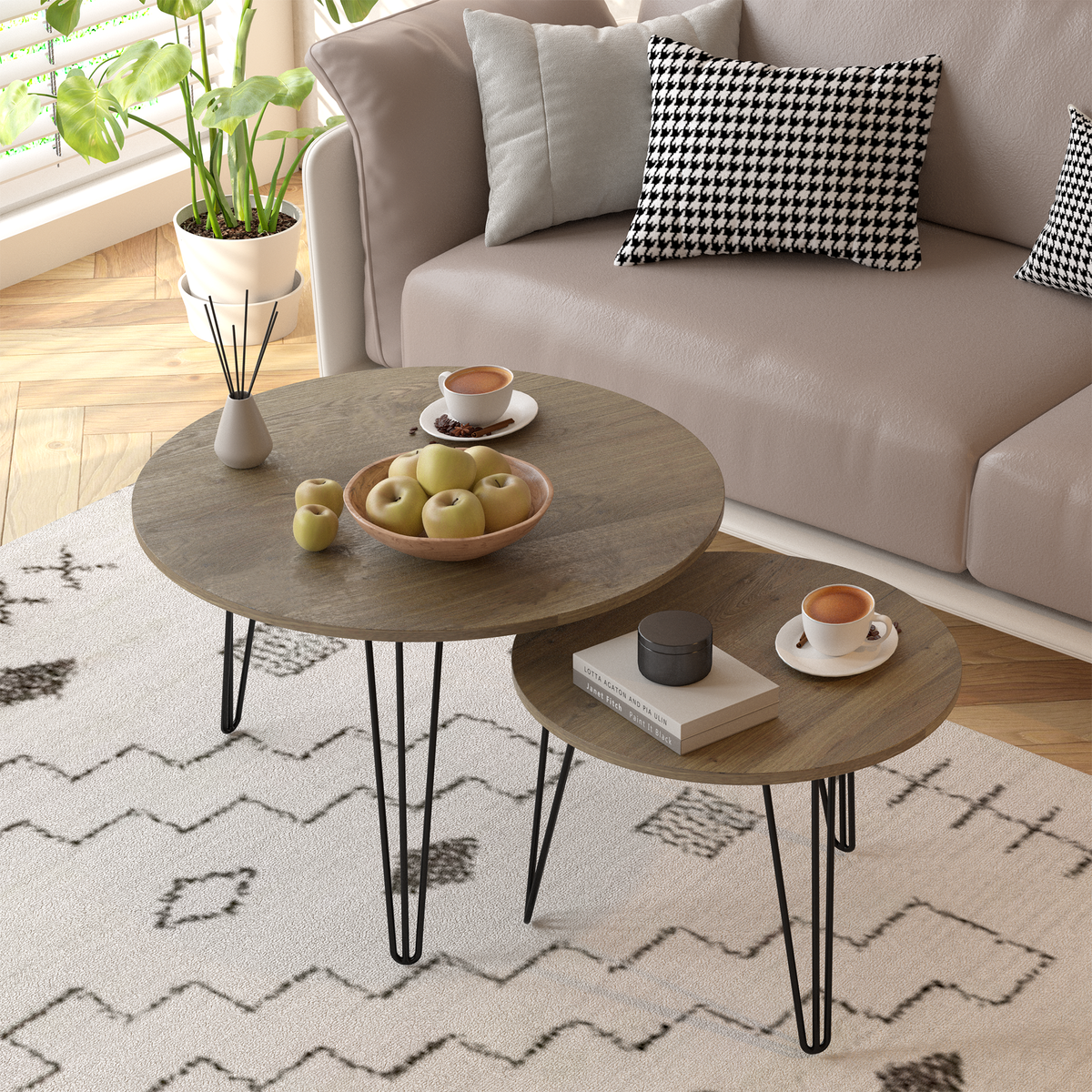 27.56'' Round Nesting Coffee Table Set of 2, Circular Nesting End Table Set, Round Wooden Tabletop, and Sturdy Metal Base for Living Room, bedroom, Brown W808P176732-djyc