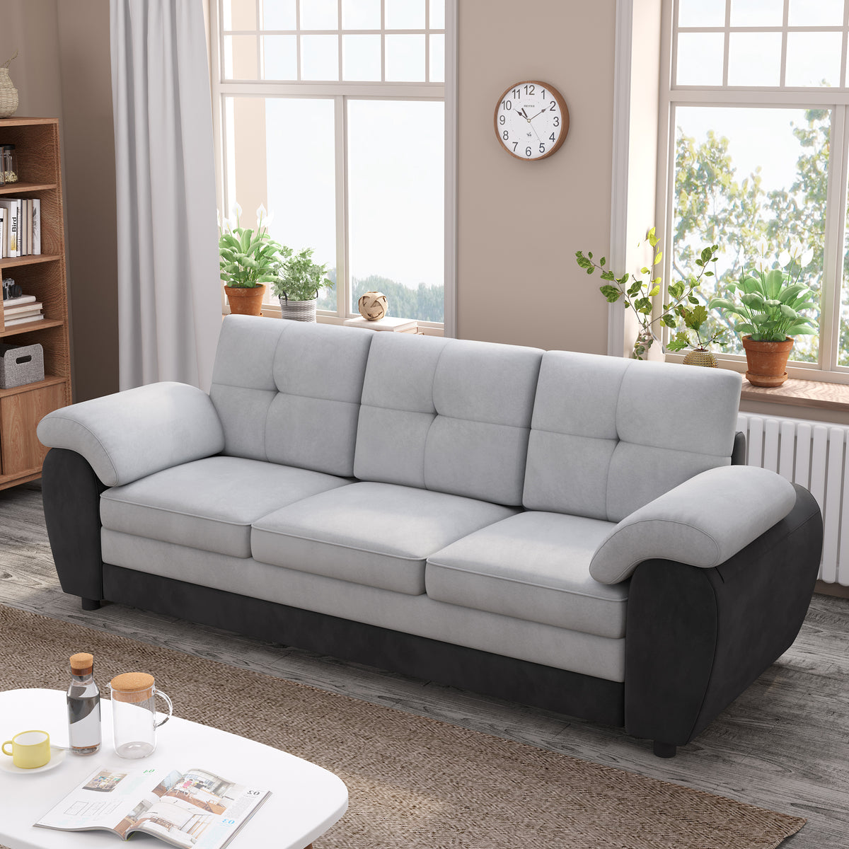 81.9″ Large size Three Seat Sofa,Modern Upholstered,Black leather paired with light gray velvet W1767132489-djyc