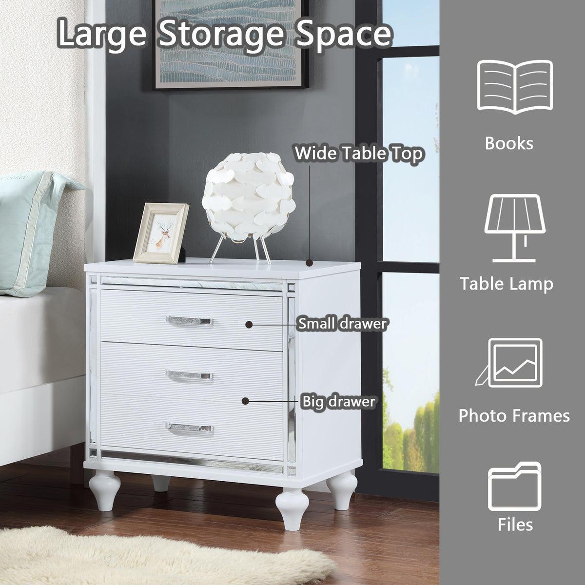 Contemporary Nightstands with mirror frame accents, Bedside Table with two drawers and one hidden drawer, End Table with Crystal Pull for Living Room,Bedroom, White W1998131735-djyc