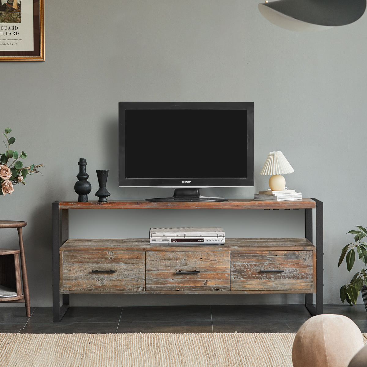 60 inch Reclaimed wood Media TV Console table with 3 Drarwer, Open Shelf, Antique finish W142562412-djyc