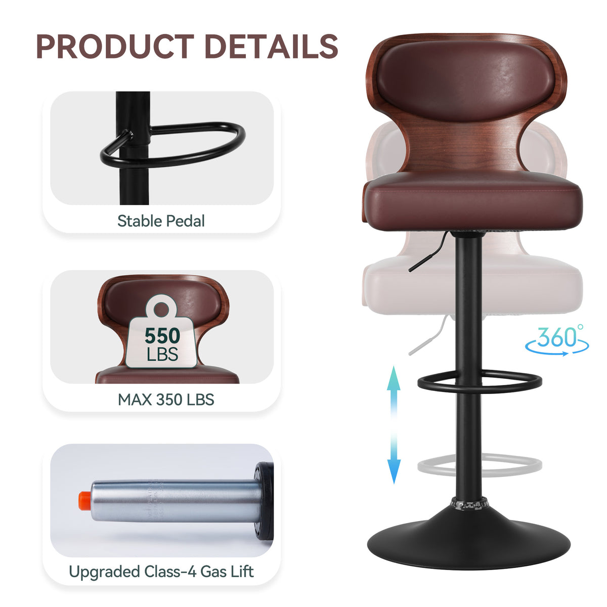 360-Degree Swivel Bar Stool: Height Adjustable & Waterproof Design FU01024-wz