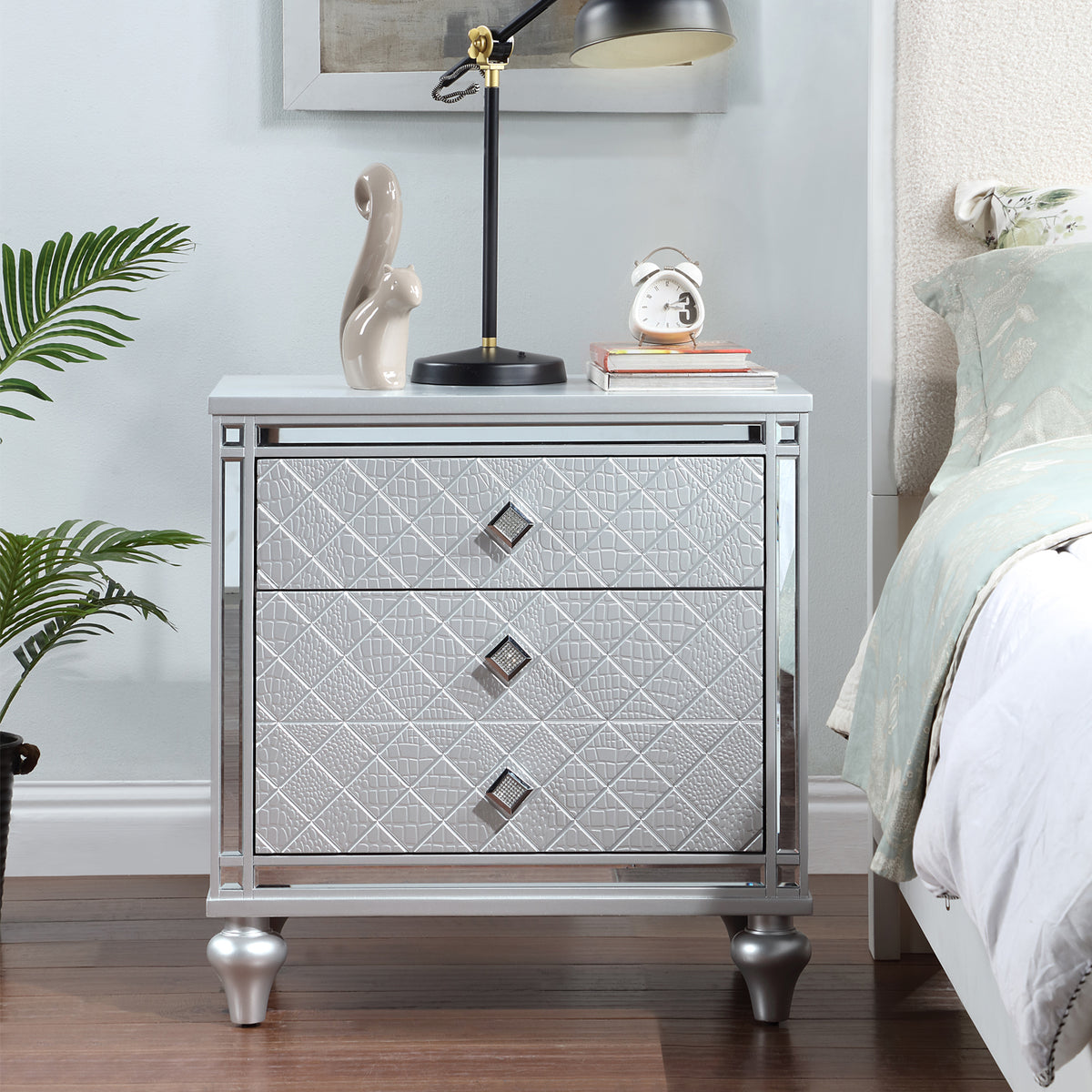 Contemporary Nightstands with mirror frame accents, Bedside Table with two drawers and one hidden drawer, End Table with Crystal Pull for Living Room,Bedroom, Silver W1998131731-djyc