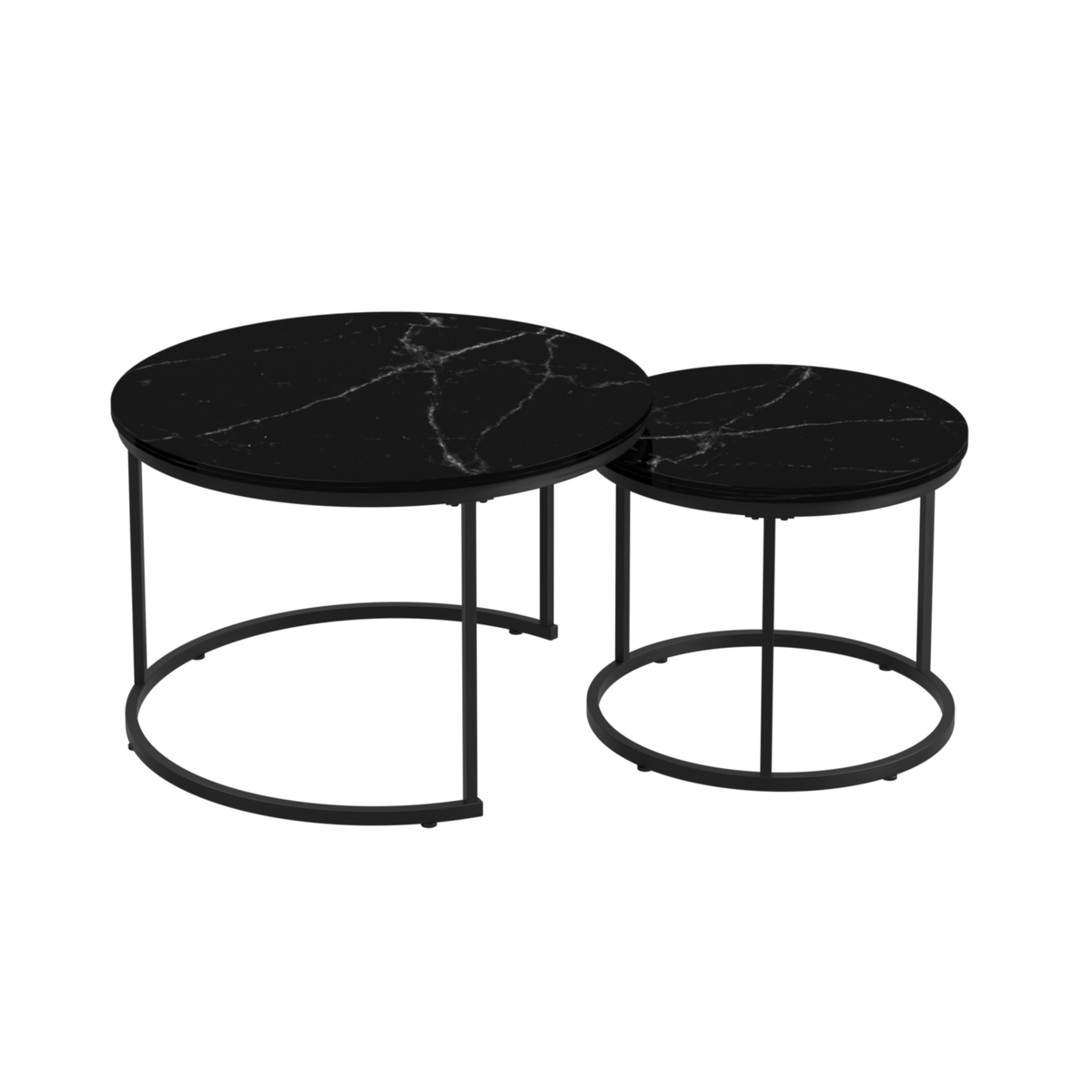 Nesting Coffee Table Set of 2, 27.6inch Round Coffee Table Wood Marble Pattern Top with Sturdy Metal Frame, End Table Side Tables for Living Room Bedroom Balcony Yard (Black) W808P176723-djyc