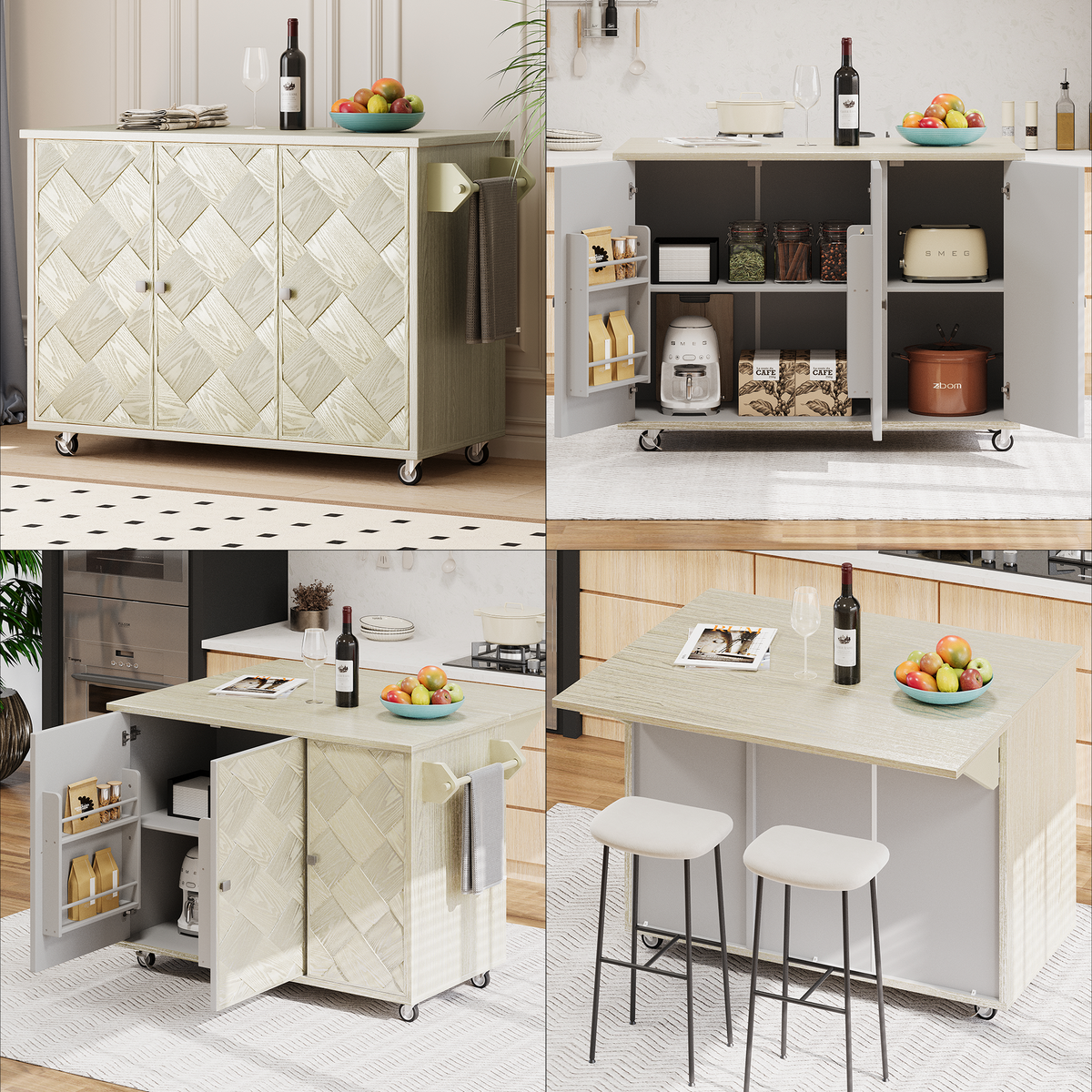 K&K 51.2"W Ash Veneer (Not Cheap Paper) Solid Wood Handwoven Kitchen Island with Drop Leaf, Coastal Kitchen Island on Wheels with Internal Storage Rack, Rolling Kitchen Cart, Champagne N707P207916X-djyc