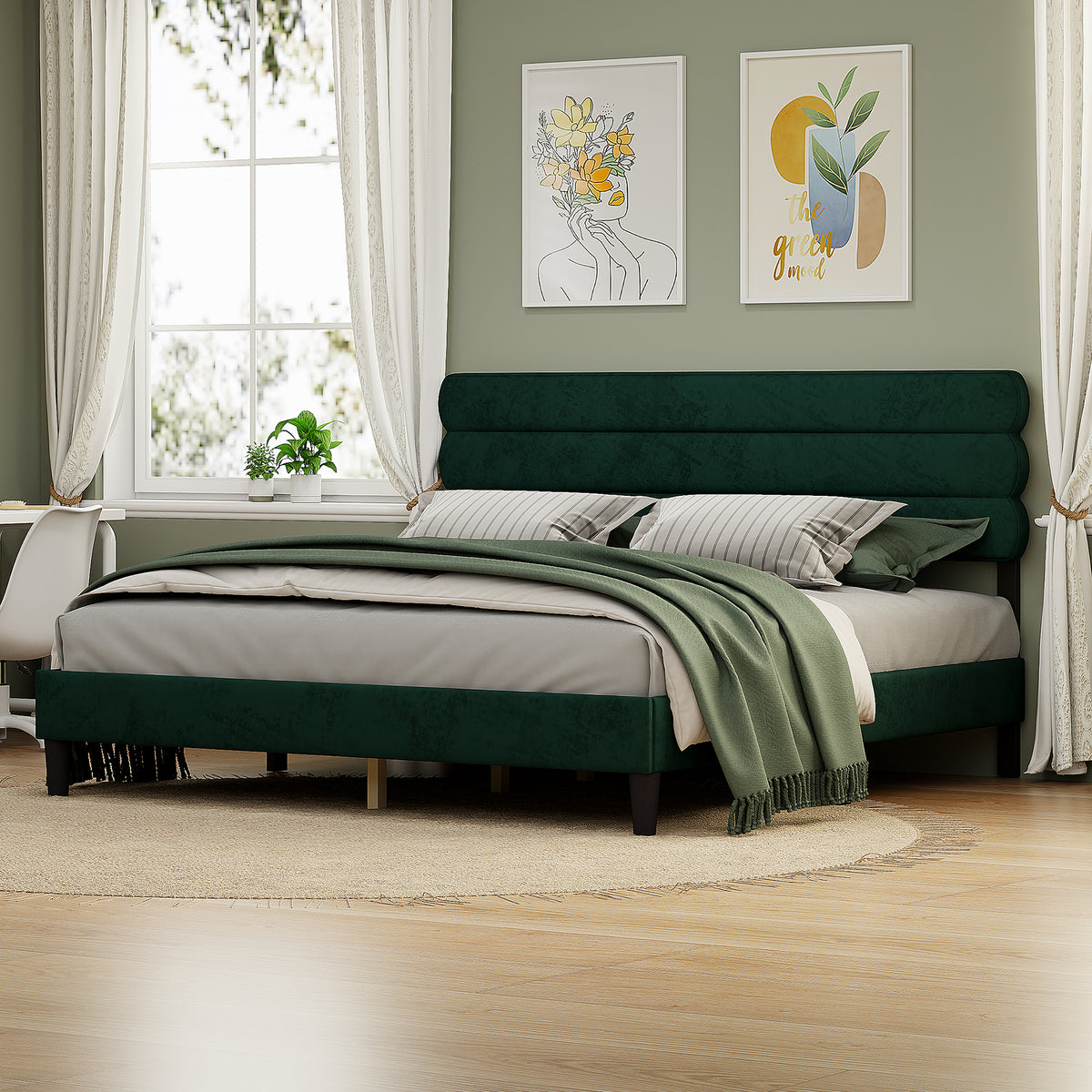 King Bed Frame with Headboard,Sturdy Platform Bed with Wooden Slats Support,No Box Spring,Mattress Foundation,Easy AssemblyGreen W1793140488-djyc