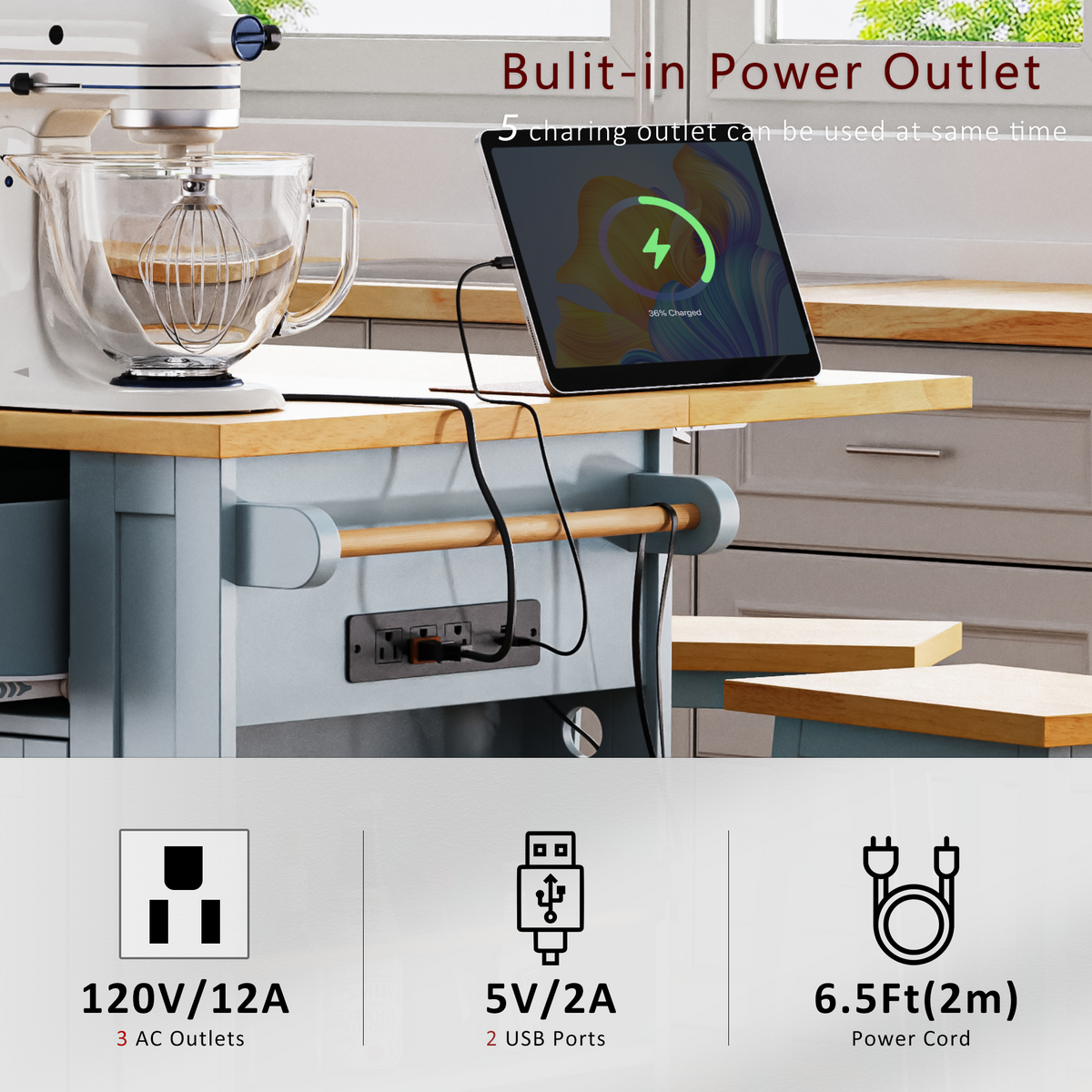 K&K 53inch Large Kitchen Island with Drop Leaf,Power Outlet,Door Internal Storage Rack,Rolling Kitchen Cart on 5 Wheels with 5 Open Side Racks for Kitchen,Dining Room,Grey Blue(Not include bar stools) N707P185531G-djyc